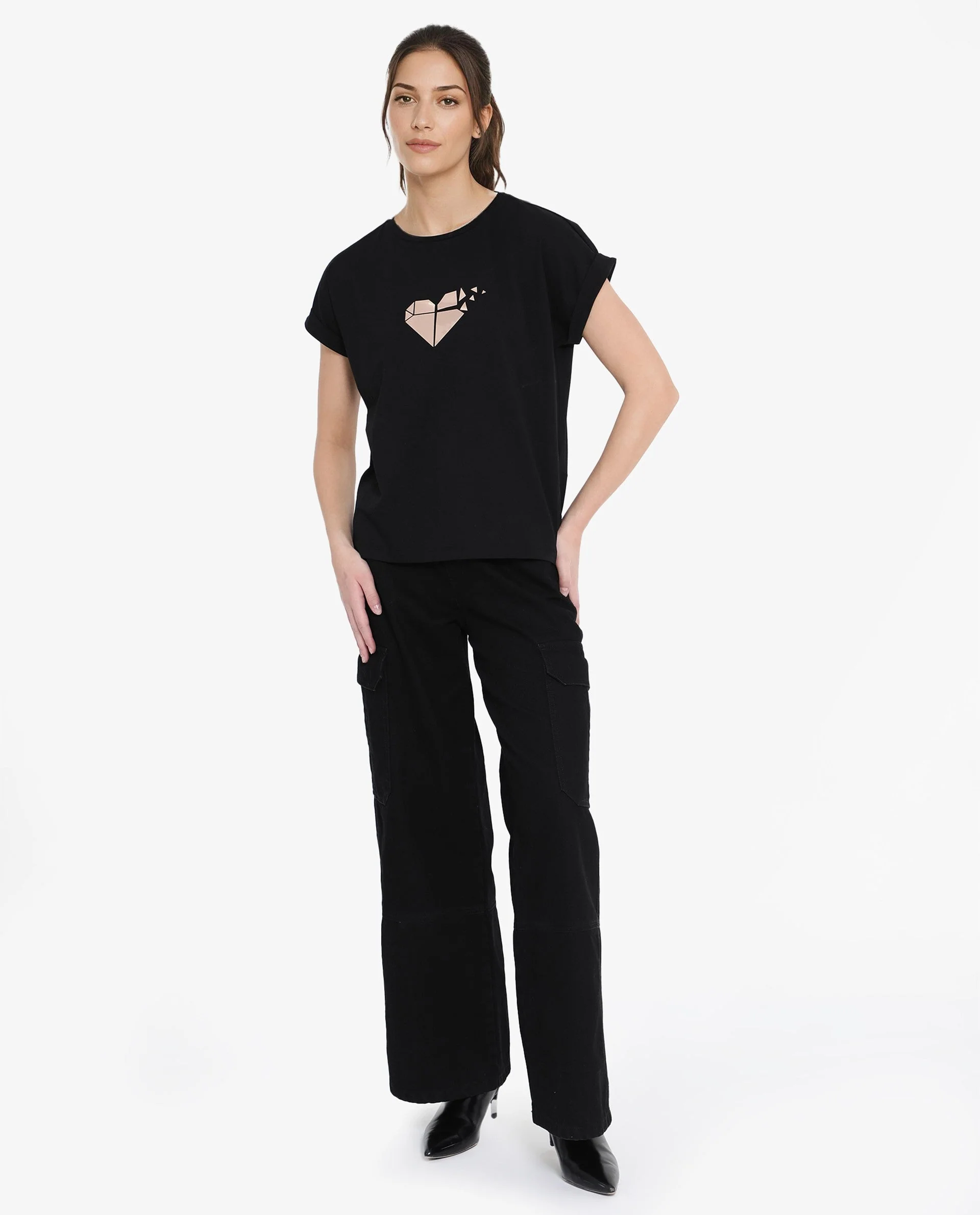 Rareism Women's Brahe Black Cotton Crew Neck Graphic Print Boxy Fit T-Shirt - Image 2