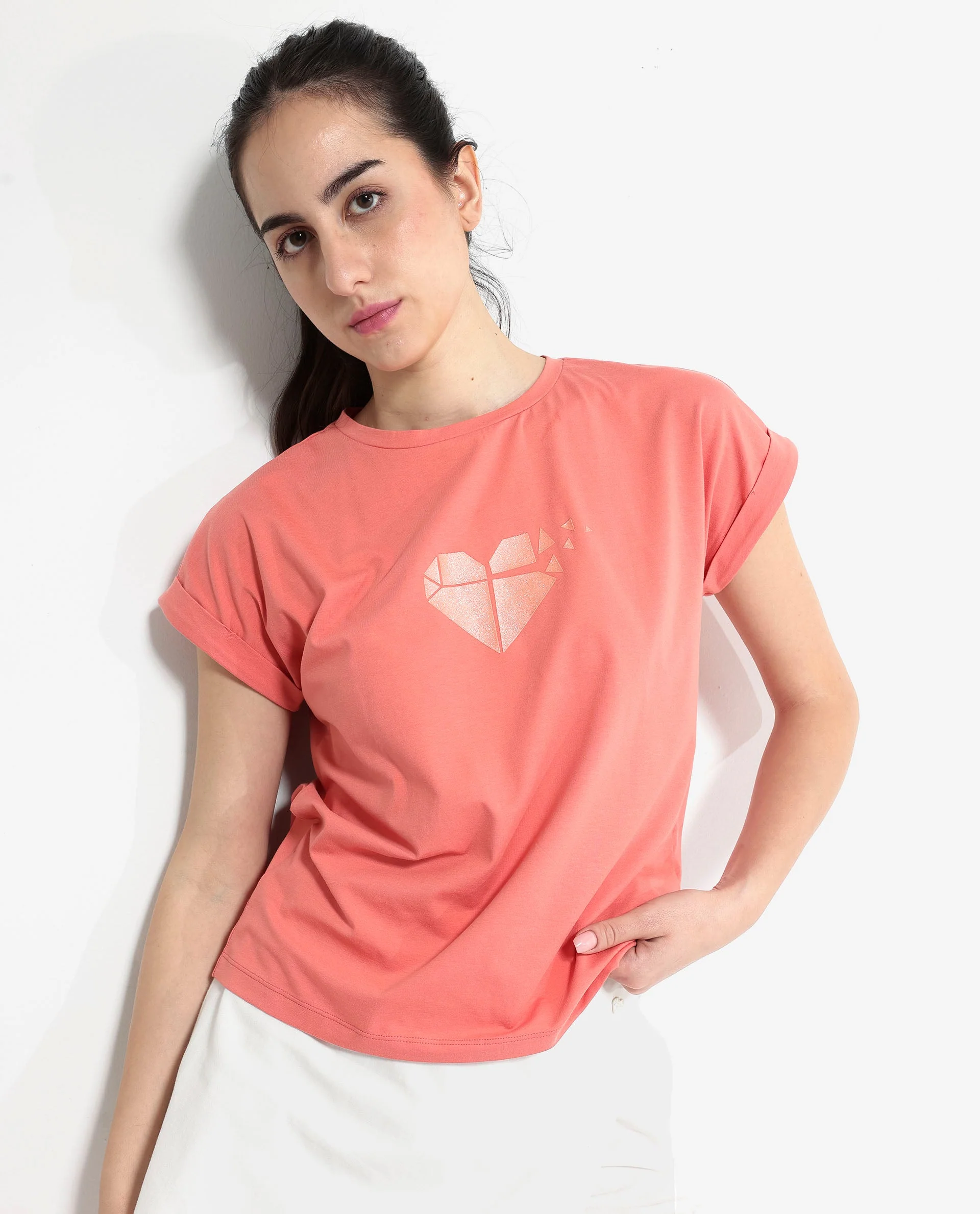 Rareism Women's Brahe Light Orange Cotton Crew Neck Graphic Print Boxy Fit T-Shirt