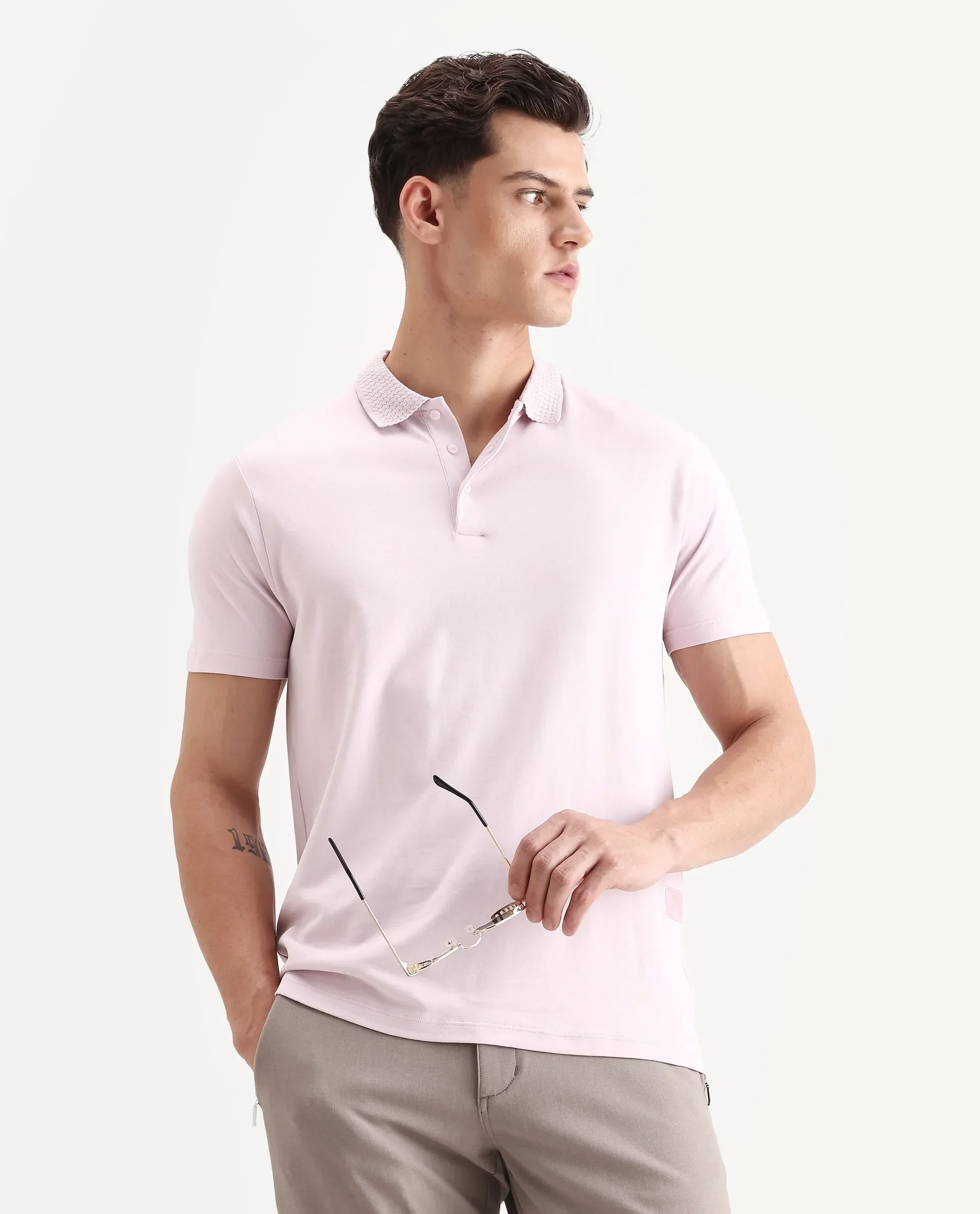 Rare Rabbit Men's Braidey Pink Cotton Plain Regular Fit Half Sleeve Polo