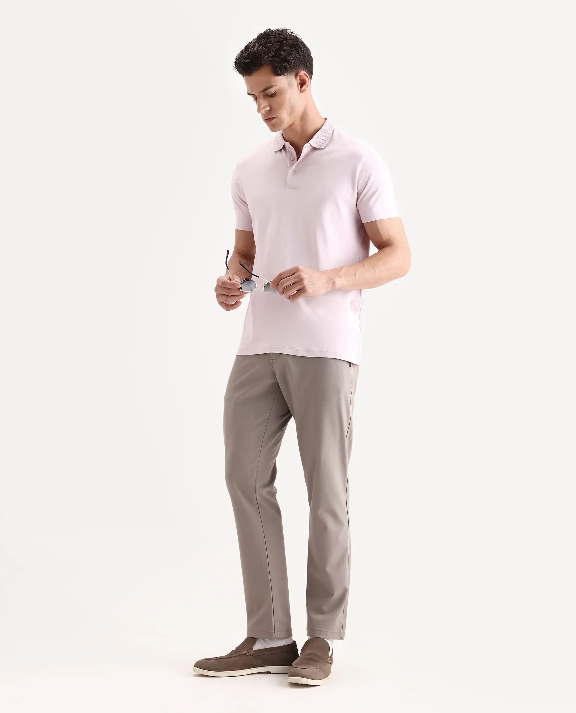 Rare Rabbit Men's Braidey Pink Cotton Plain Regular Fit Half Sleeve Polo - Image 2