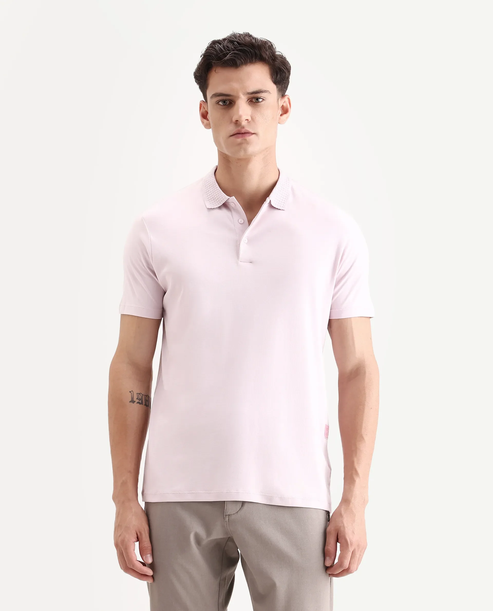 Rare Rabbit Men's Braidey Pink Cotton Plain Regular Fit Half Sleeve Polo - Image 4