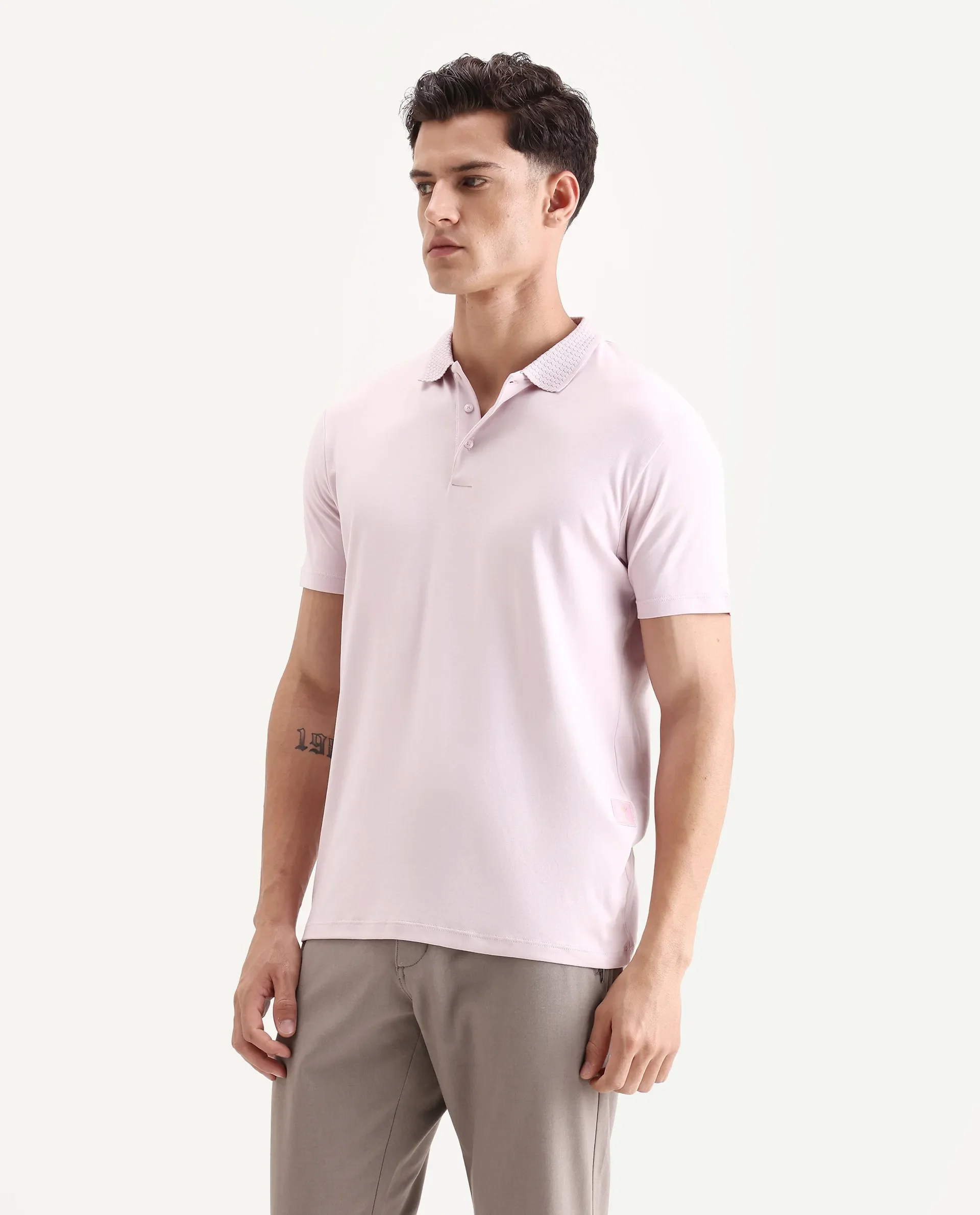 Rare Rabbit Men's Braidey Pink Cotton Plain Regular Fit Half Sleeve Polo - Image 5