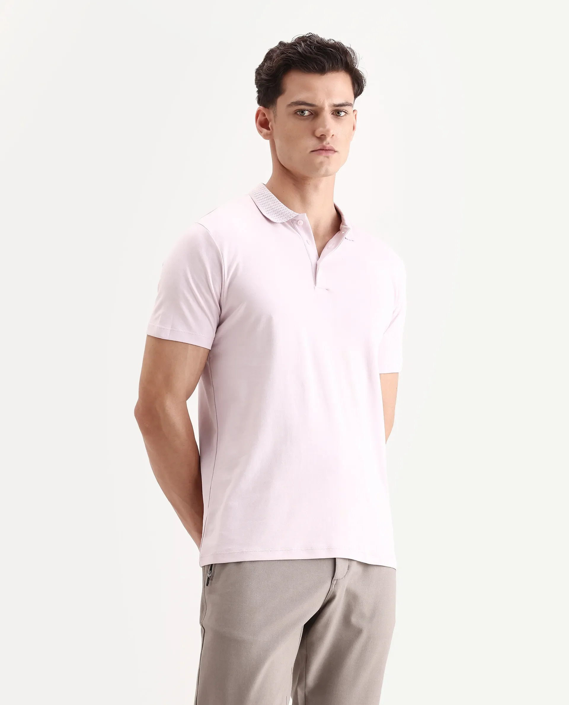Rare Rabbit Men's Braidey Pink Cotton Plain Regular Fit Half Sleeve Polo - Image 6