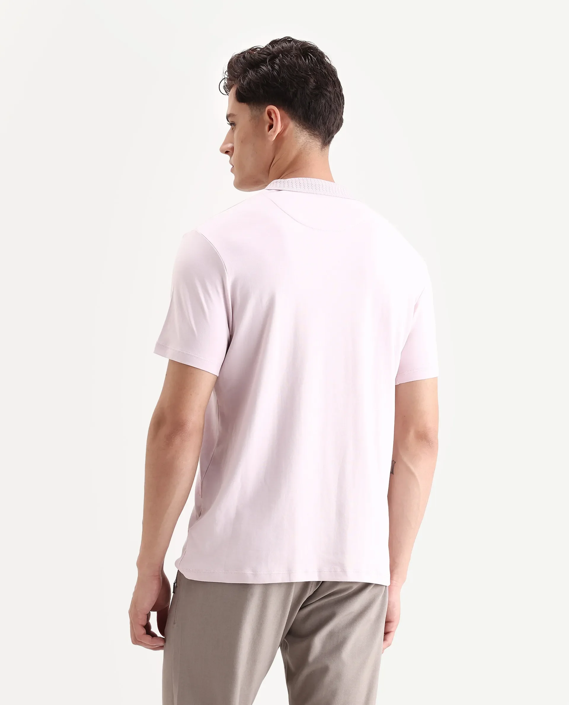 Rare Rabbit Men's Braidey Pink Cotton Plain Regular Fit Half Sleeve Polo - Image 7