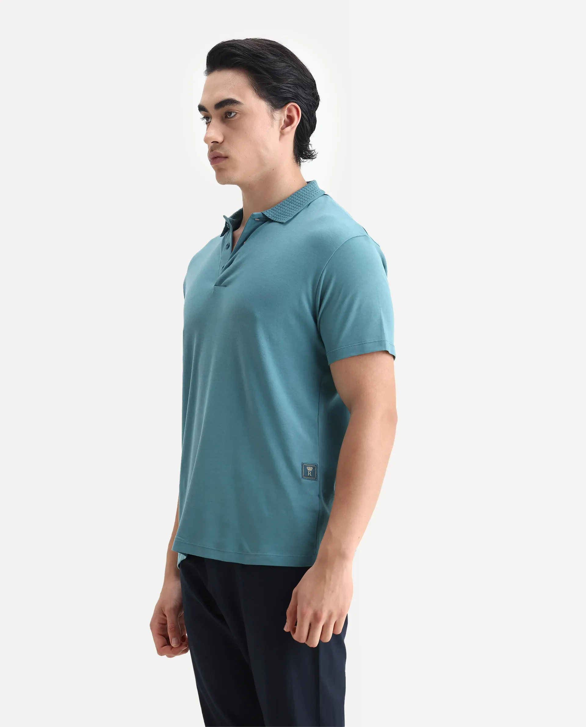Rare Rabbit Men's Braidey Teal Cotton Plain Regular Fit Half Sleeve Polo - Image 2