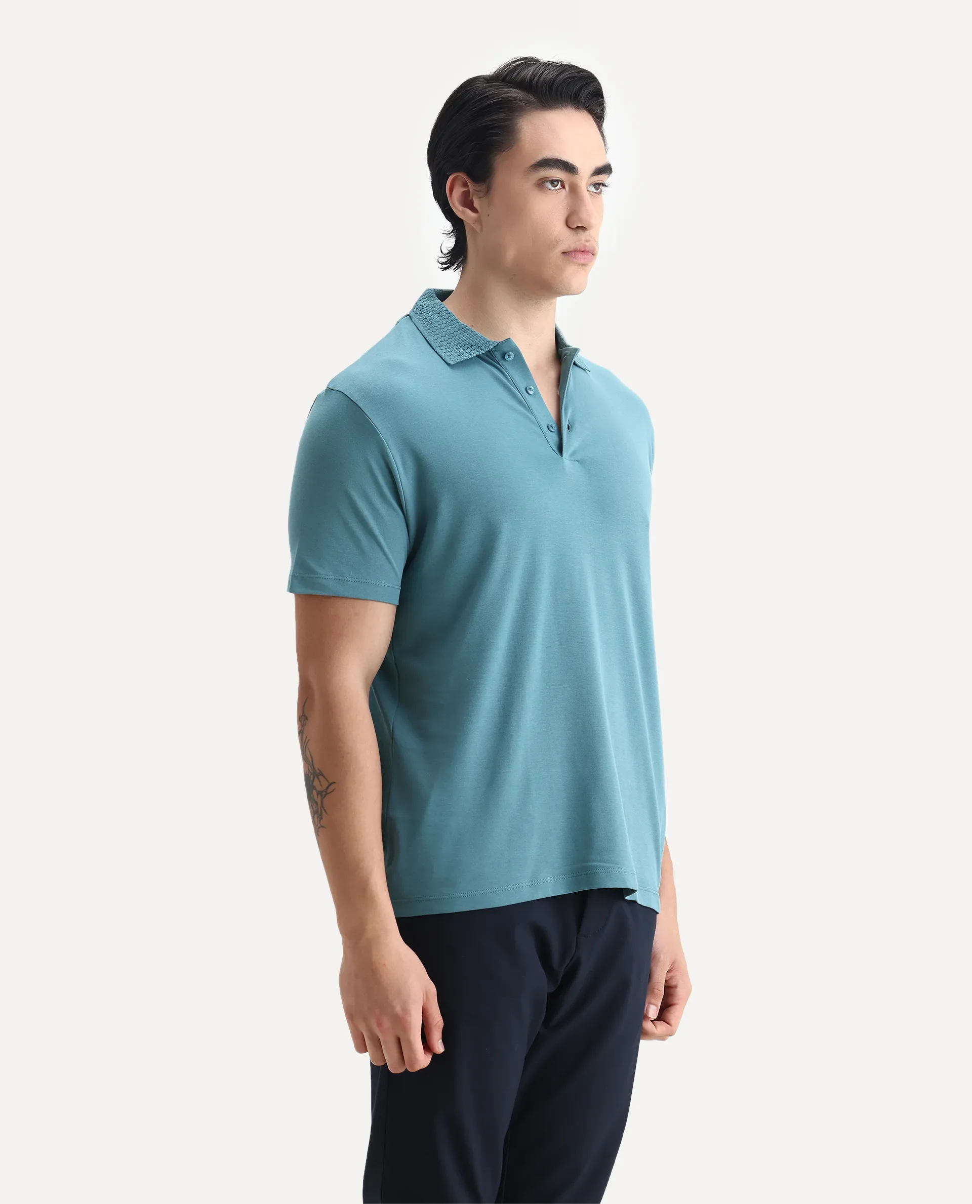 Rare Rabbit Men's Braidey Teal Cotton Plain Regular Fit Half Sleeve Polo - Image 3