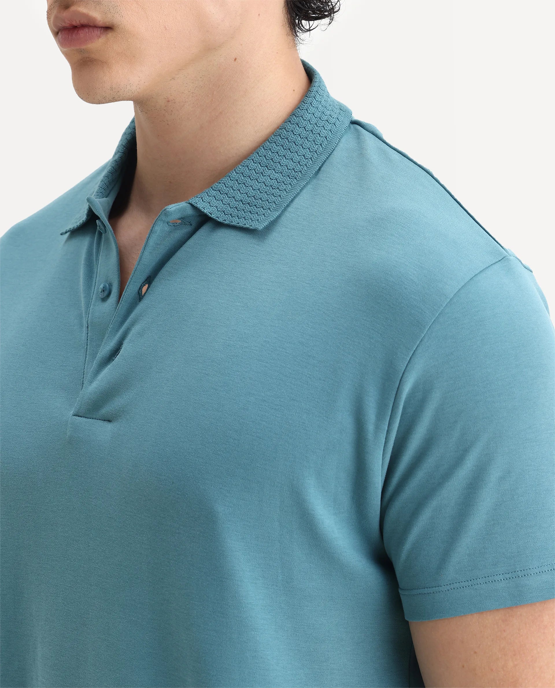 Rare Rabbit Men's Braidey Teal Cotton Plain Regular Fit Half Sleeve Polo - Image 4