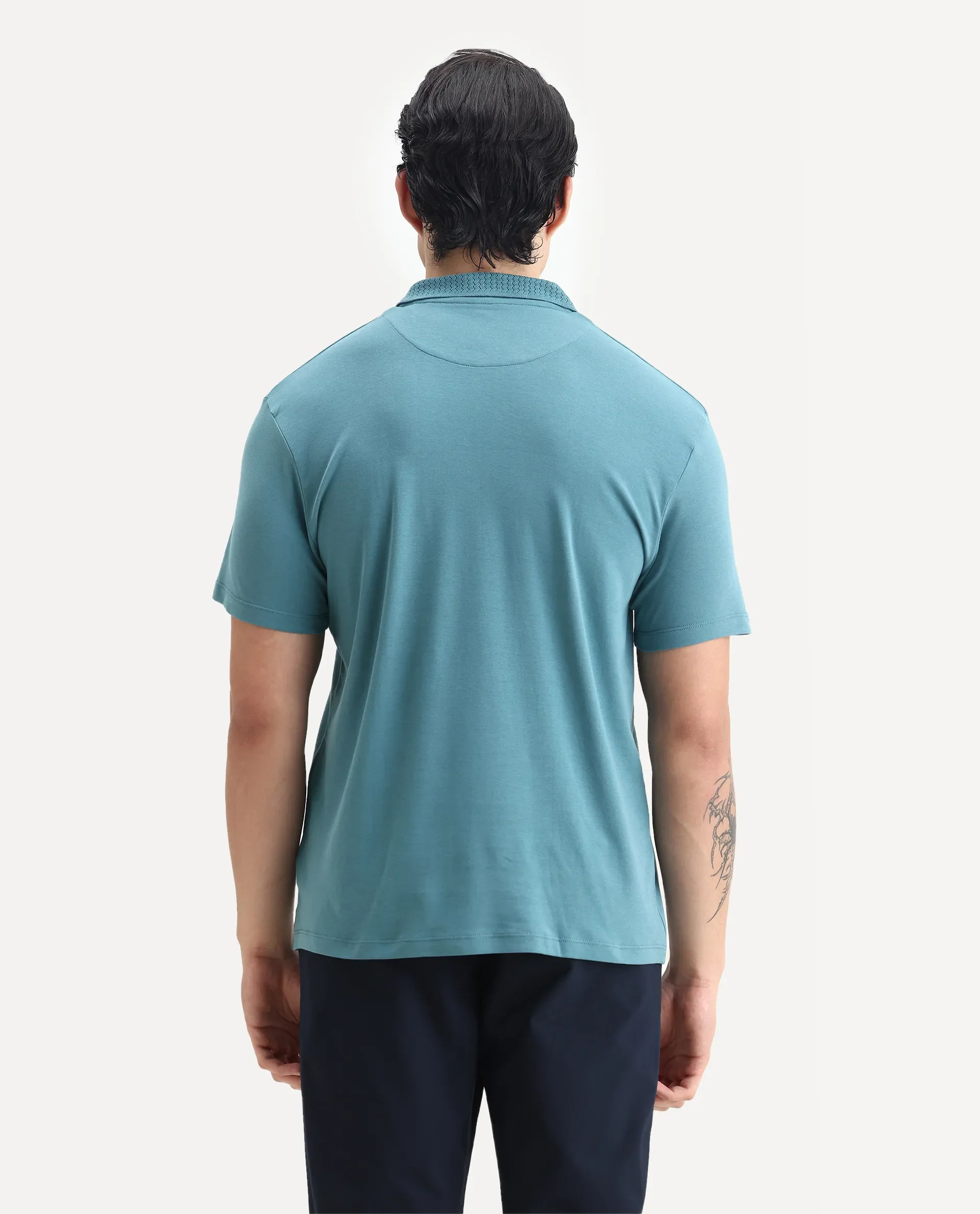 Rare Rabbit Men's Braidey Teal Cotton Plain Regular Fit Half Sleeve Polo - Image 5