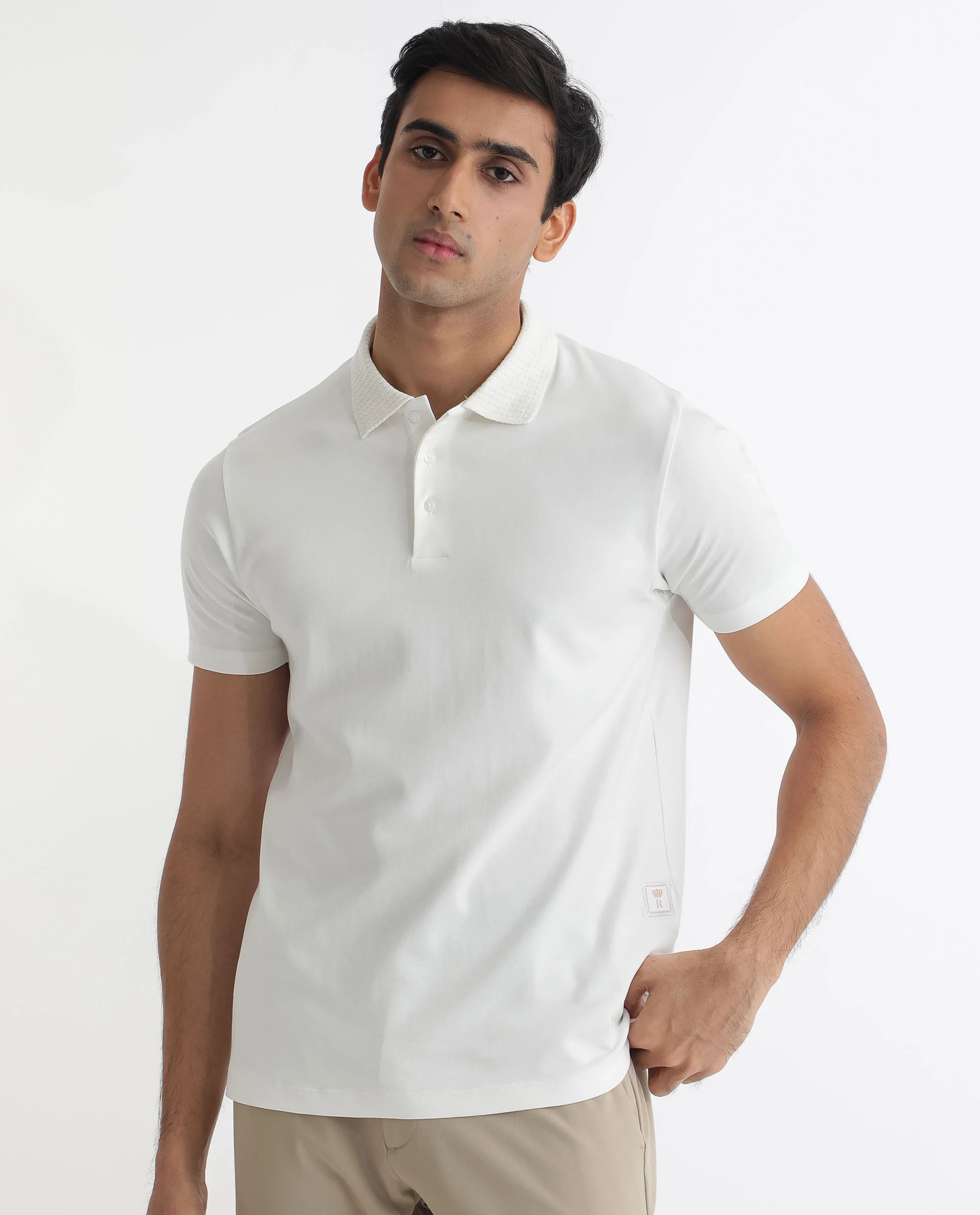 Rare Rabbit Men's Braidey White Cotton Plain Regular Fit Half Sleeve Polo