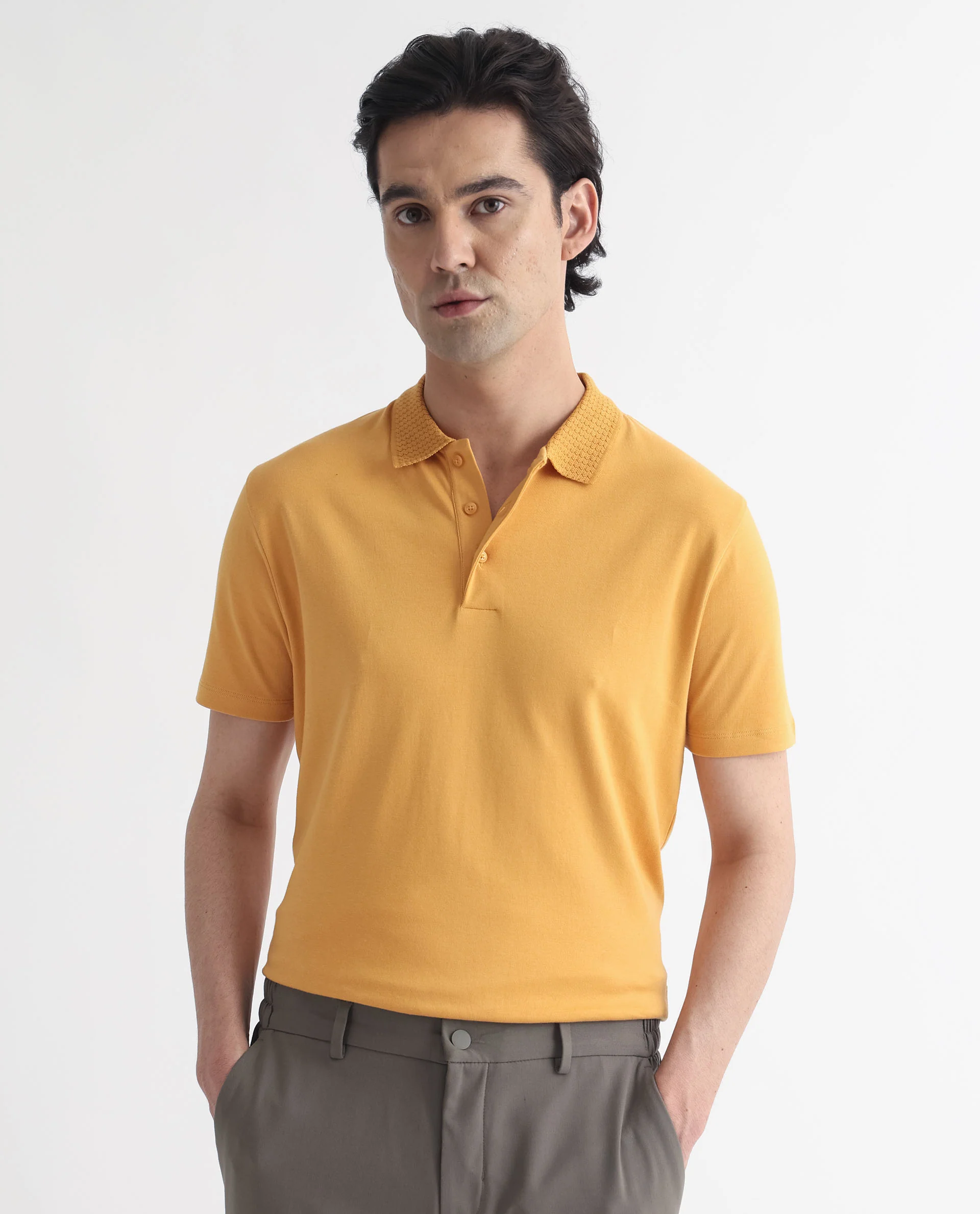Rare Rabbit Men's Braidey Yellow Cotton Plain Regular Fit Half Sleeve Polo - Image 3