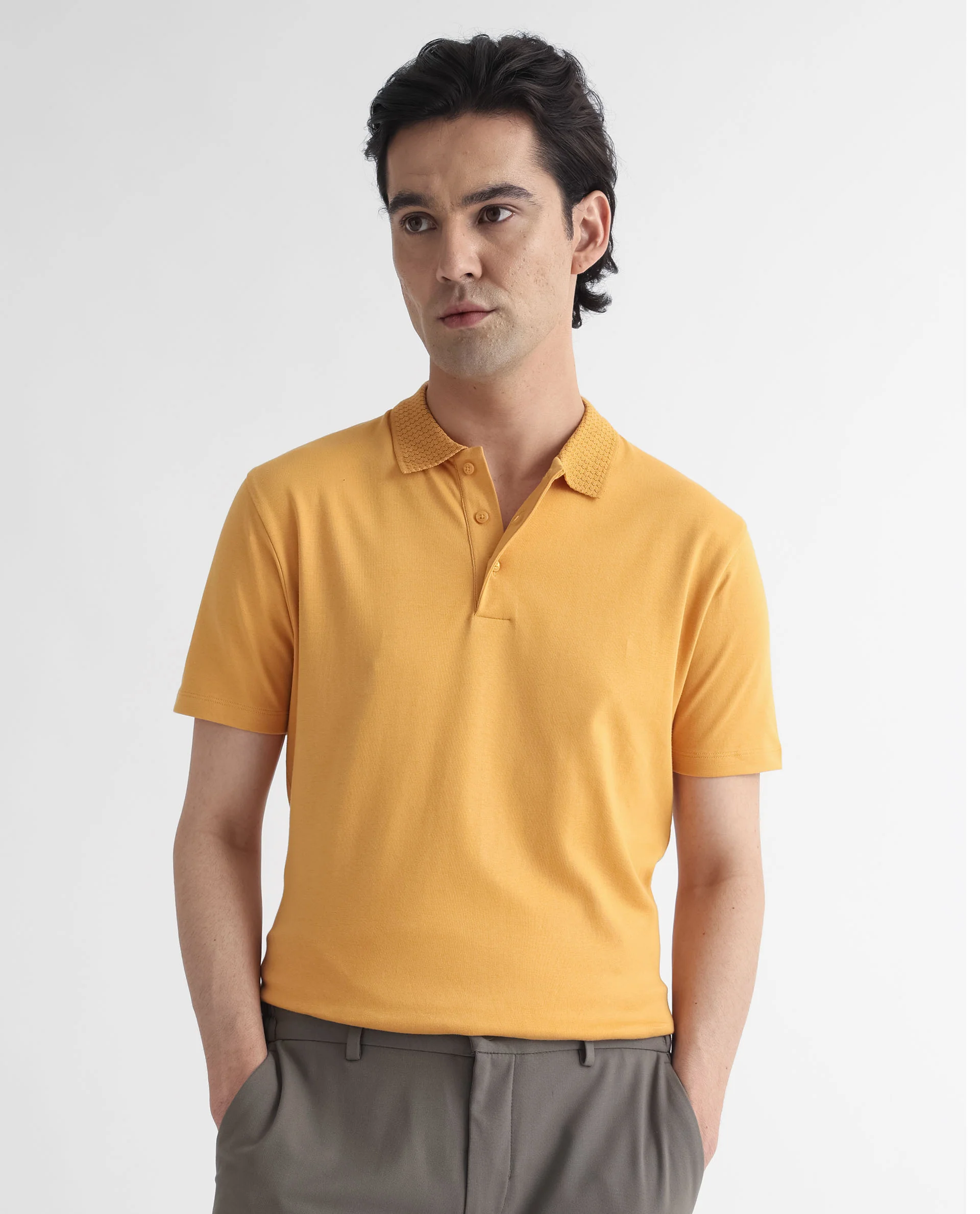 Rare Rabbit Men's Braidey Yellow Cotton Plain Regular Fit Half Sleeve Polo - Image 4