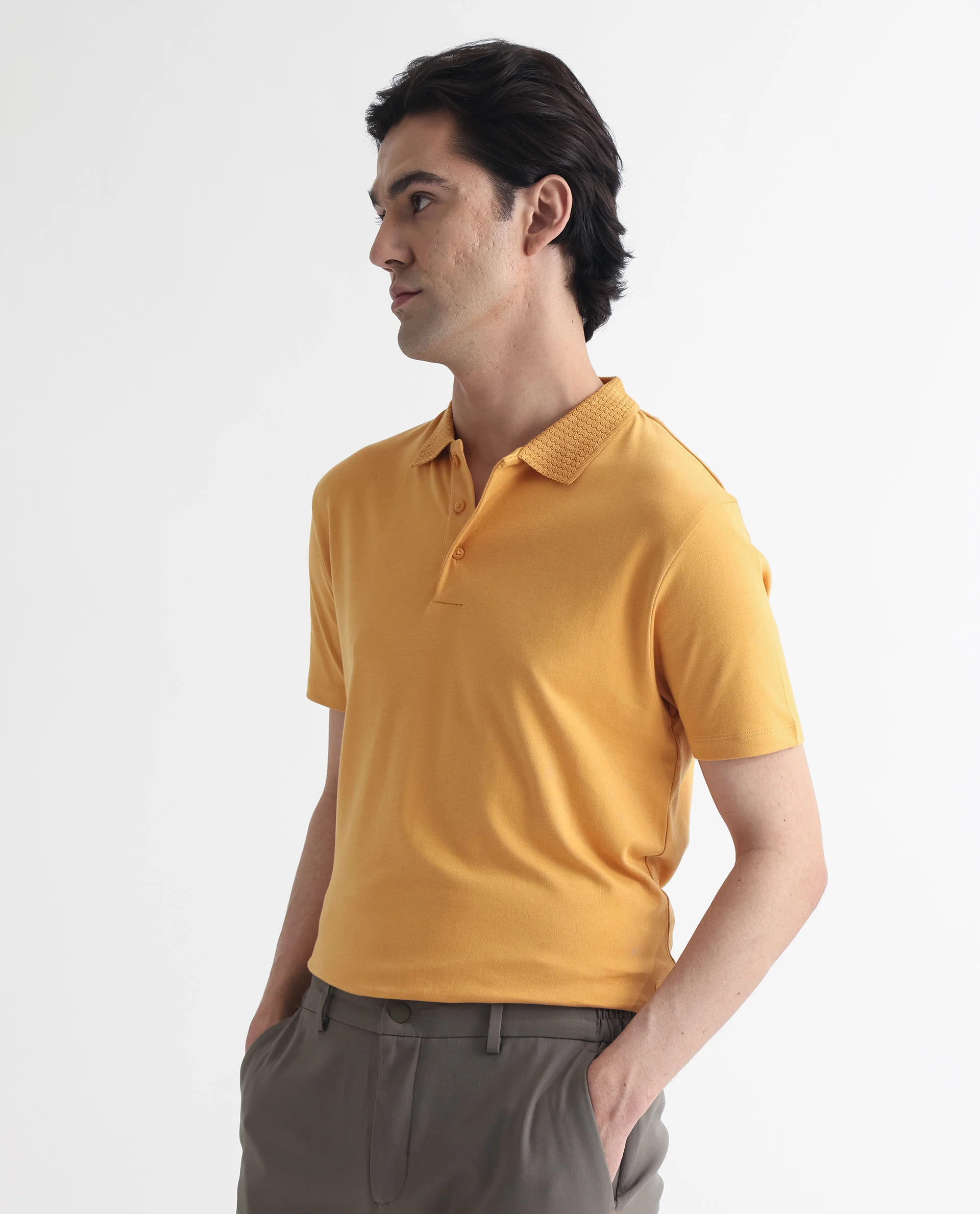 Rare Rabbit Men's Braidey Yellow Cotton Plain Regular Fit Half Sleeve Polo - Image 8