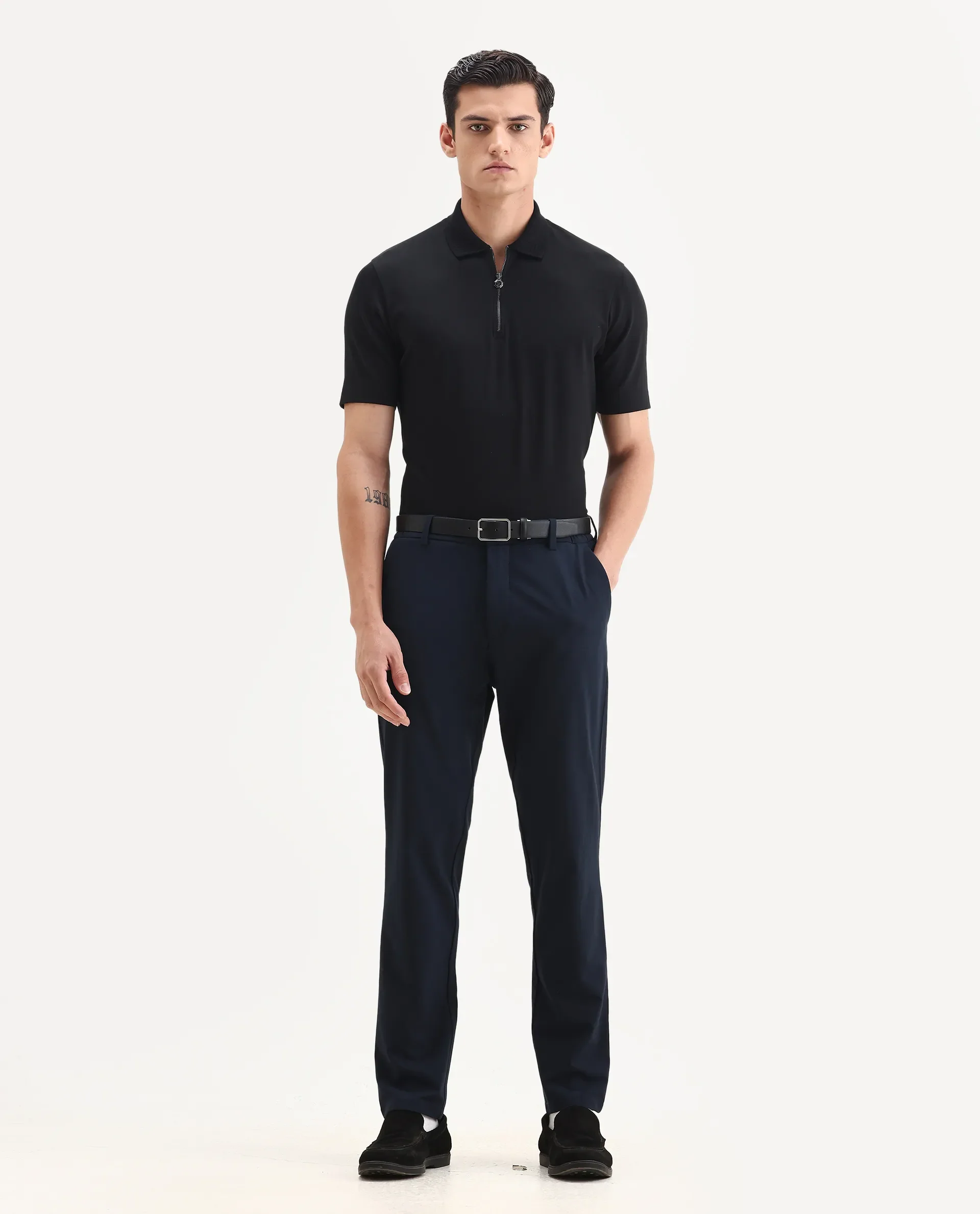 Rare Rabbit Men's Braido Black Cotton Blend Fabric Half Sleeve Spread Collar Plain Polo - Image 2