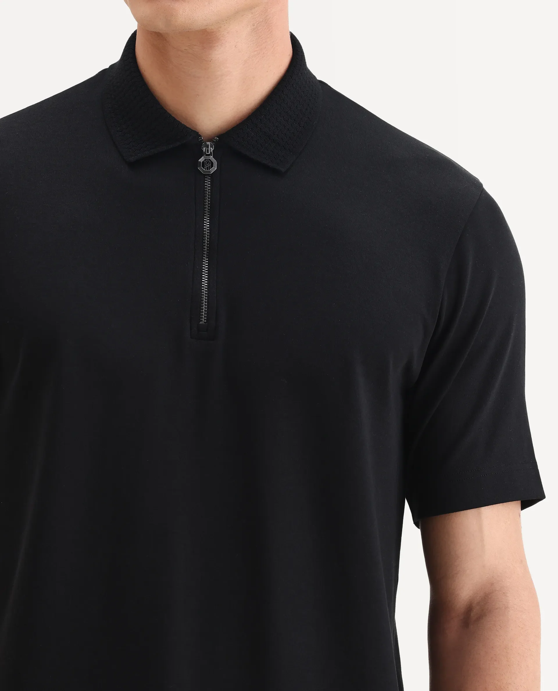 Rare Rabbit Men's Braido Black Cotton Blend Fabric Half Sleeve Spread Collar Plain Polo - Image 3