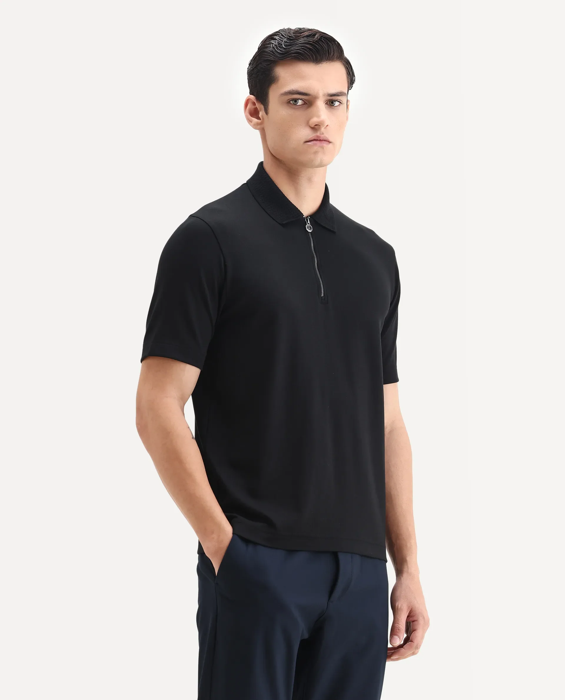 Rare Rabbit Men's Braido Black Cotton Blend Fabric Half Sleeve Spread Collar Plain Polo - Image 4