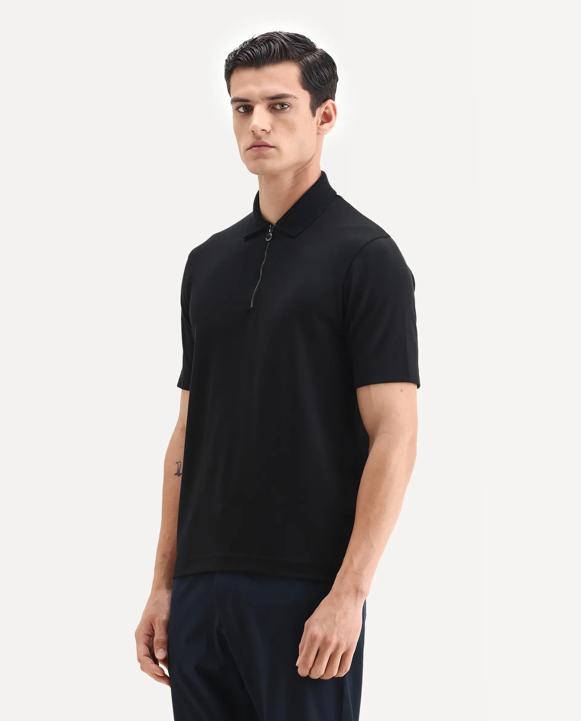 Rare Rabbit Men's Braido Black Cotton Blend Fabric Half Sleeve Spread Collar Plain Polo - Image 5