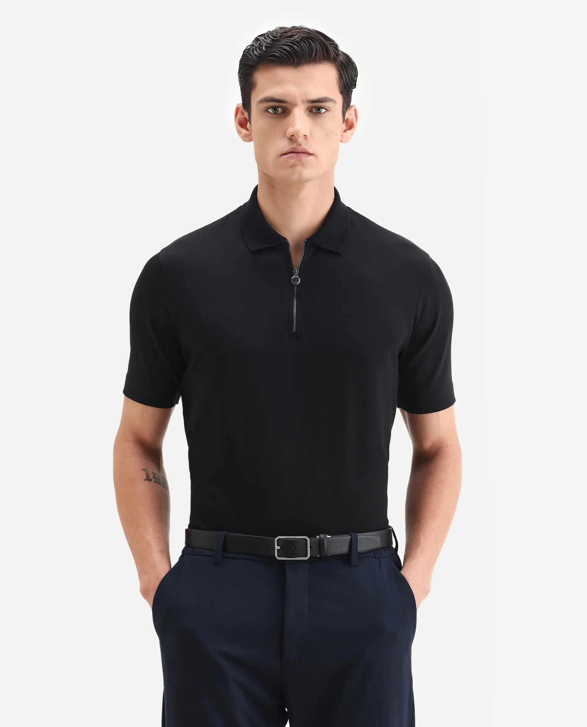 Rare Rabbit Men's Braido Black Cotton Blend Fabric Half Sleeve Spread Collar Plain Polo - Image 6