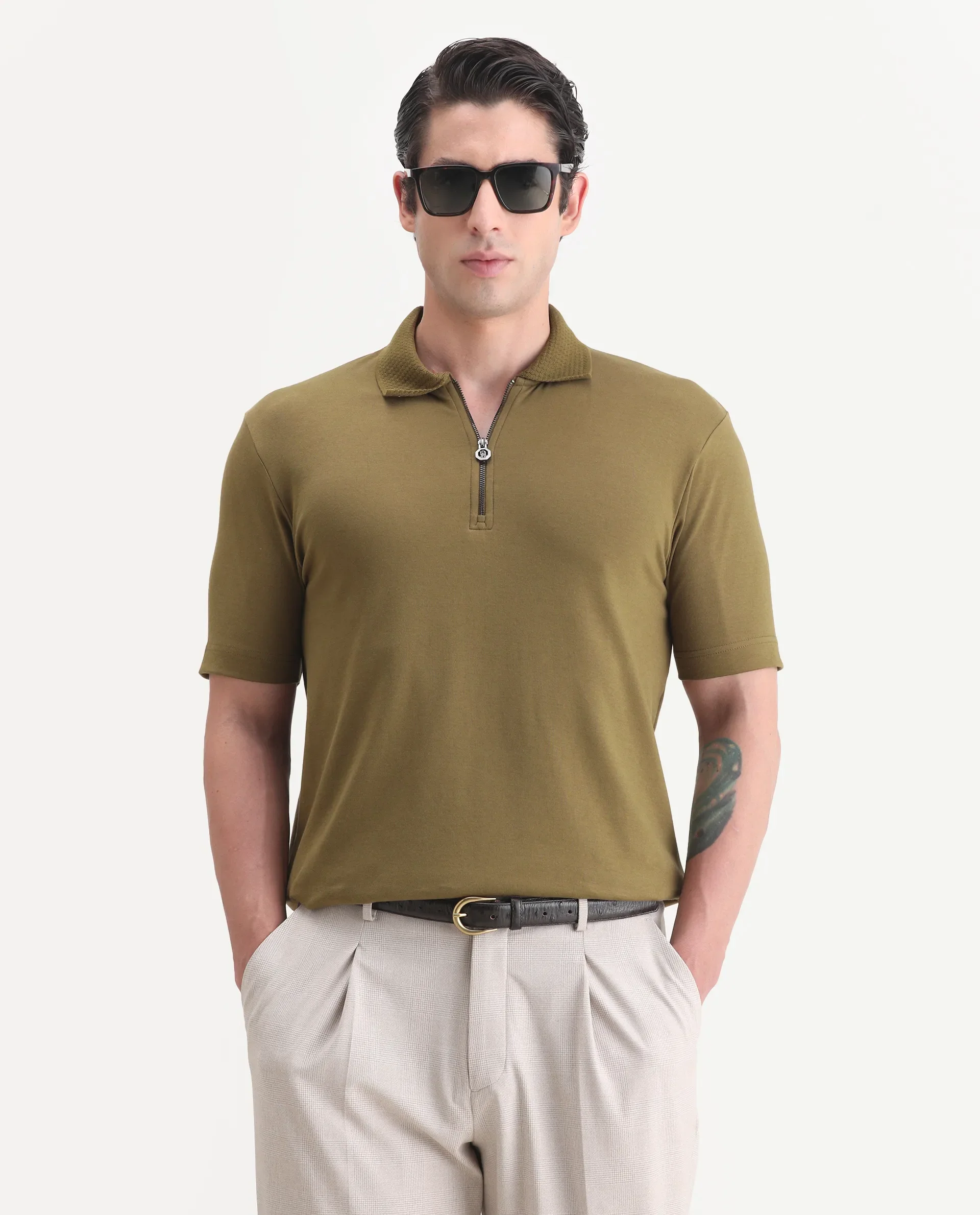 Rare Rabbit Men's Braido Dusky Olive Cotton Blend Fabric Half Sleeve Spread Collar Plain Polo