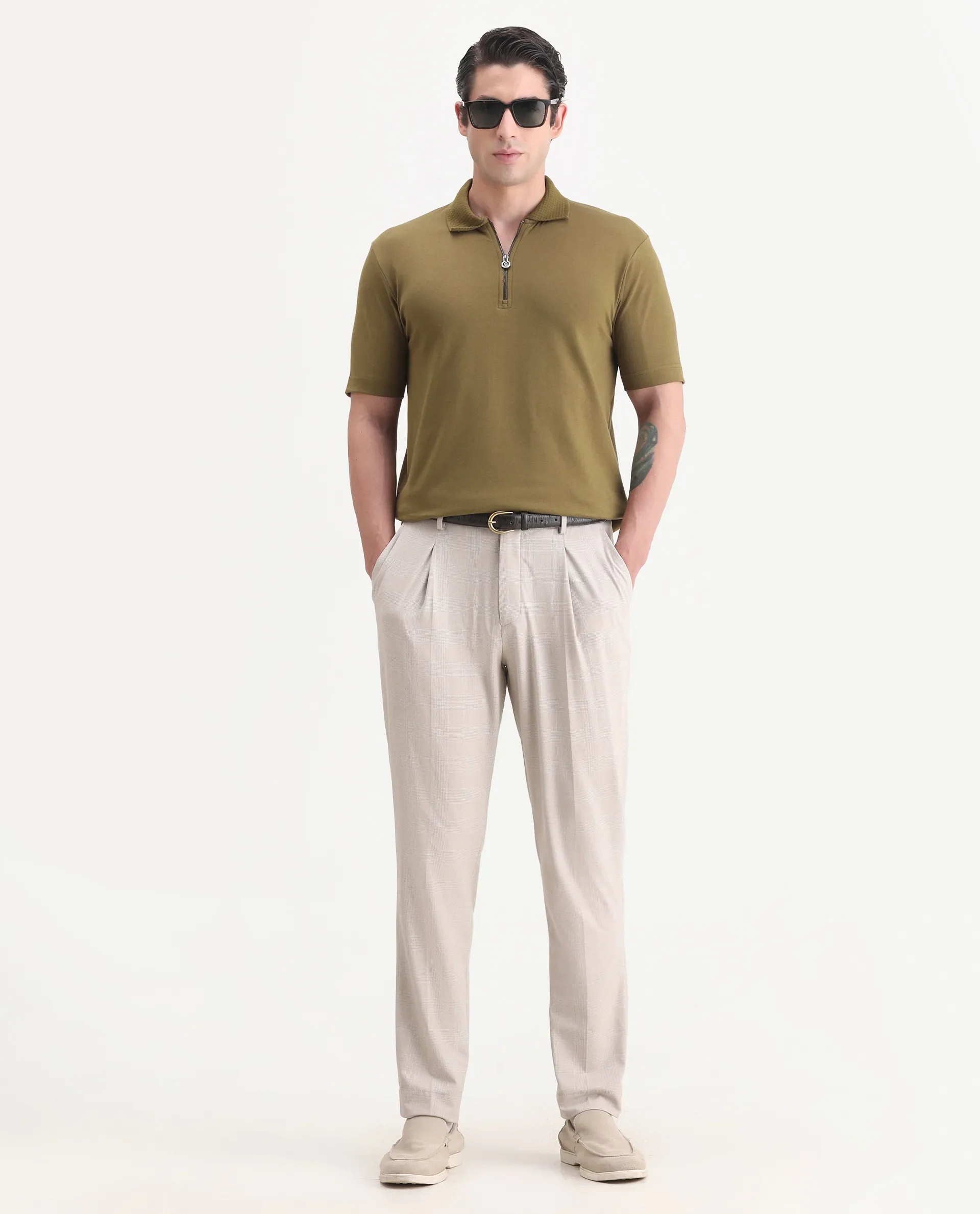 Rare Rabbit Men's Braido Dusky Olive Cotton Blend Fabric Half Sleeve Spread Collar Plain Polo - Image 2
