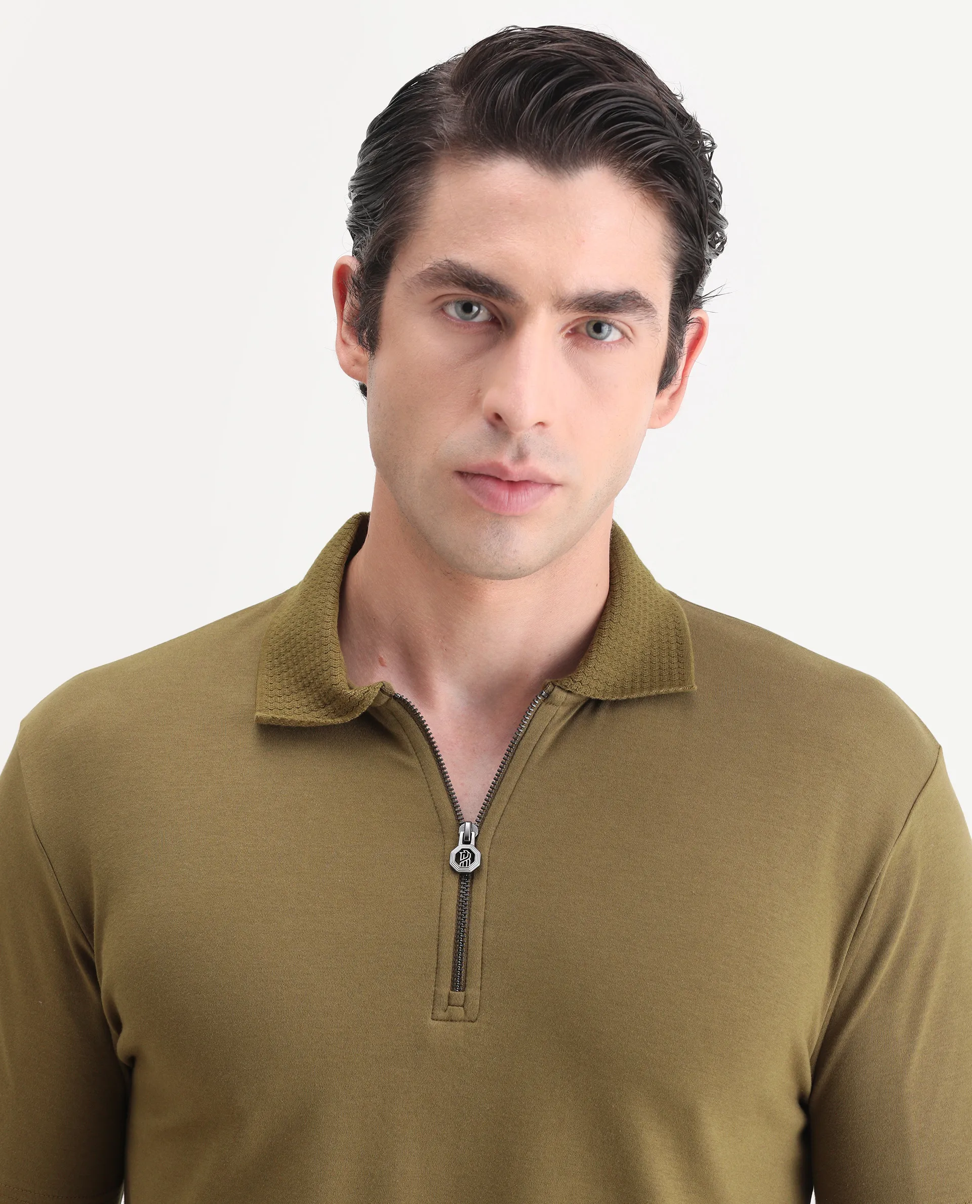 Rare Rabbit Men's Braido Dusky Olive Cotton Blend Fabric Half Sleeve Spread Collar Plain Polo - Image 3