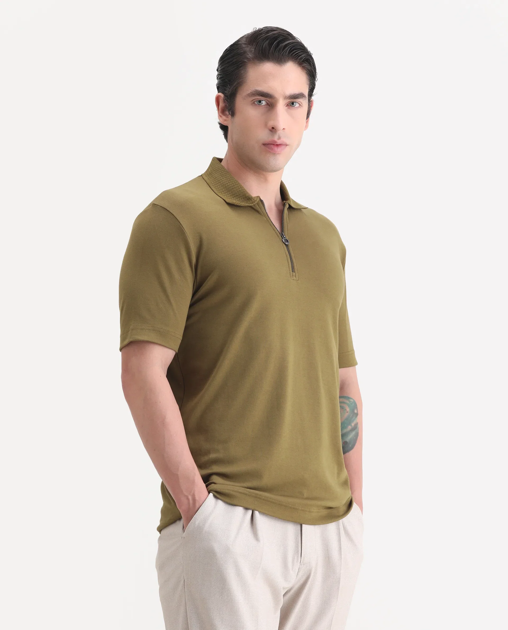 Rare Rabbit Men's Braido Dusky Olive Cotton Blend Fabric Half Sleeve Spread Collar Plain Polo - Image 4