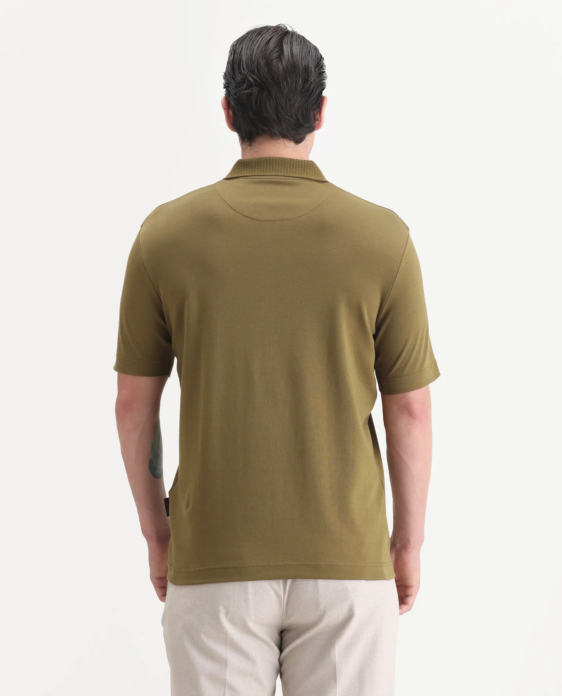 Rare Rabbit Men's Braido Dusky Olive Cotton Blend Fabric Half Sleeve Spread Collar Plain Polo - Image 5