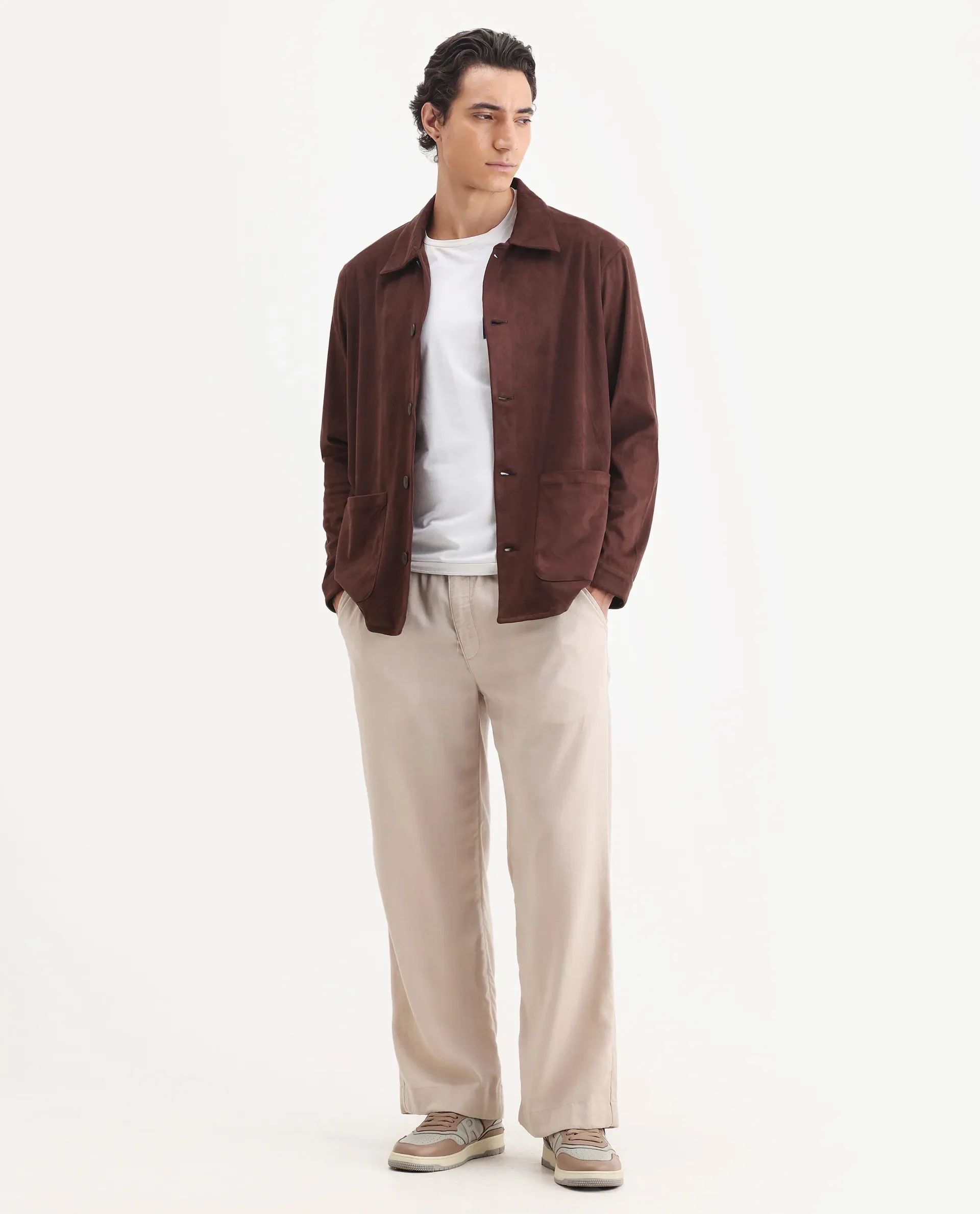 Rare Rabbit Men's Bran Brown Suede Blend Fabric Collared Neck Regular Fit Plain Jacket - Image 2