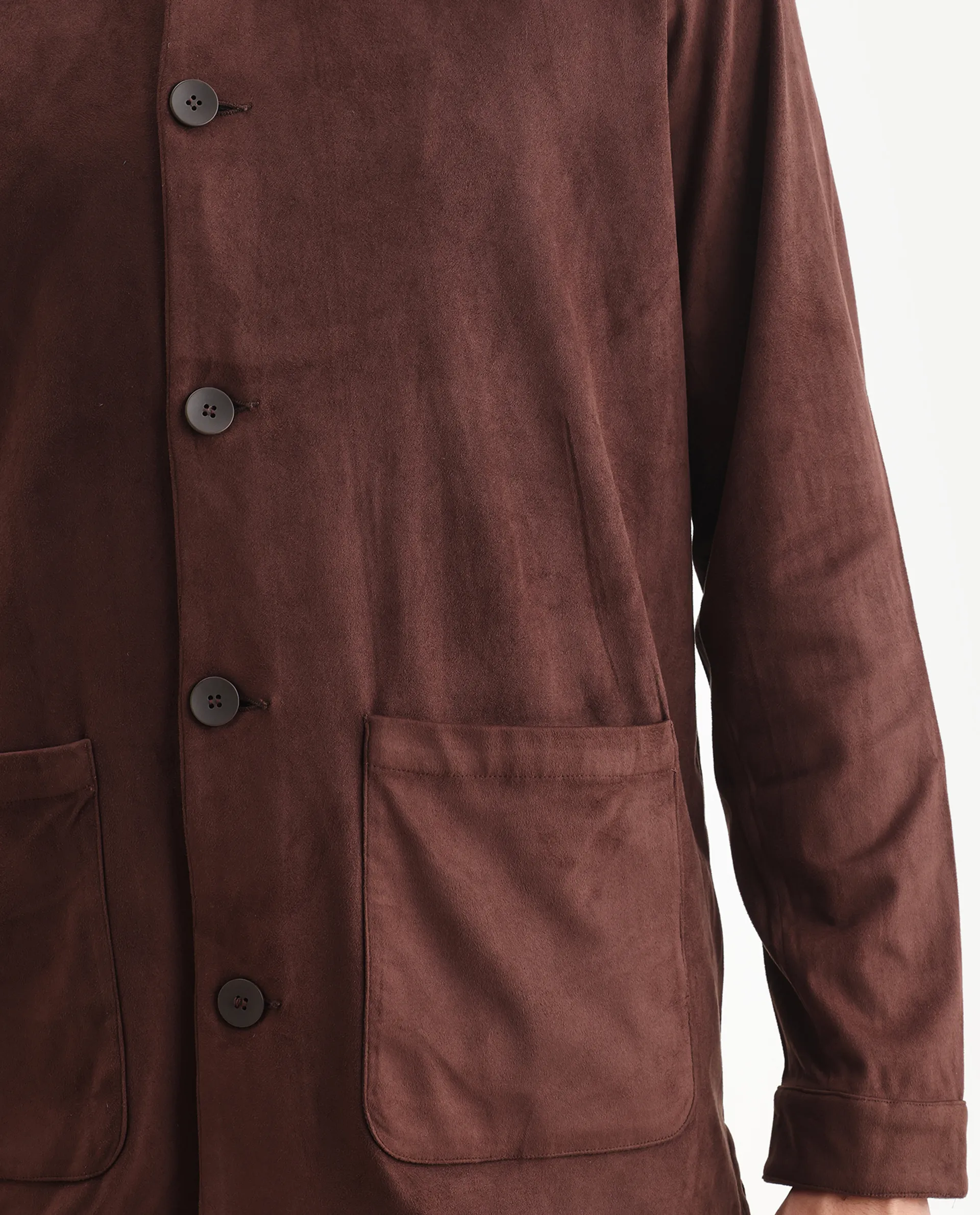 Rare Rabbit Men's Bran Brown Suede Blend Fabric Collared Neck Regular Fit Plain Jacket - Image 4
