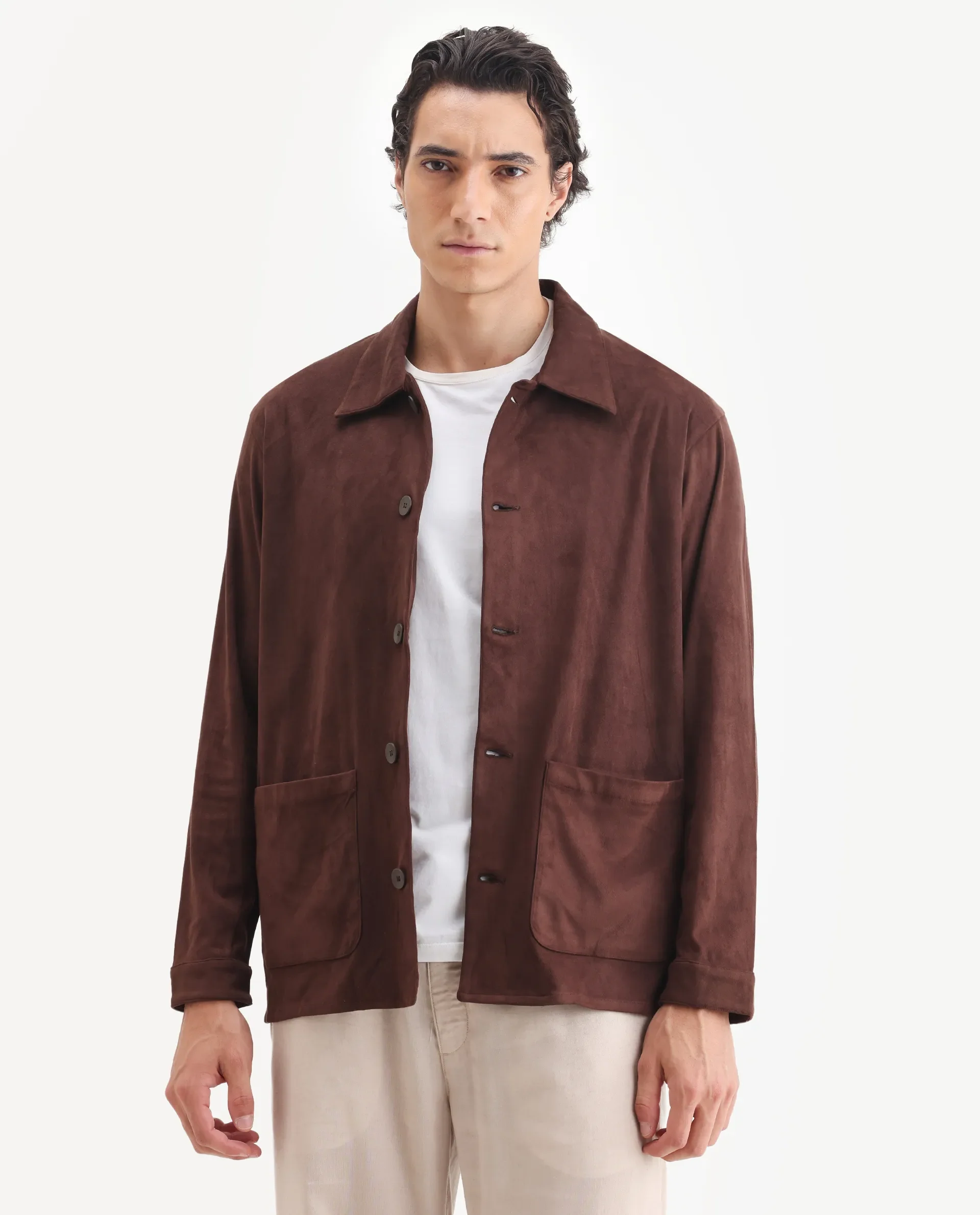Rare Rabbit Men's Bran Brown Suede Blend Fabric Collared Neck Regular Fit Plain Jacket - Image 5