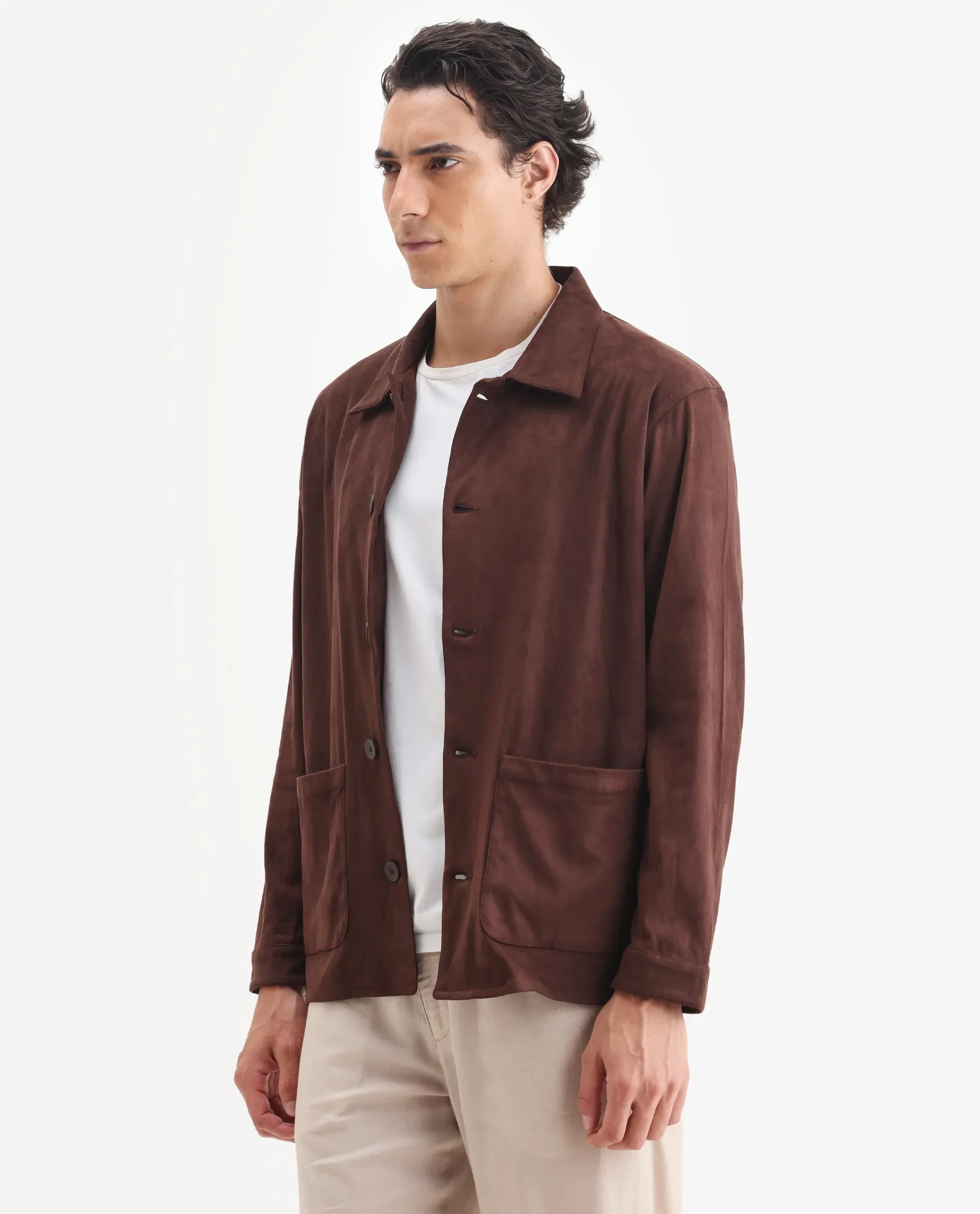 Rare Rabbit Men's Bran Brown Suede Blend Fabric Collared Neck Regular Fit Plain Jacket - Image 6
