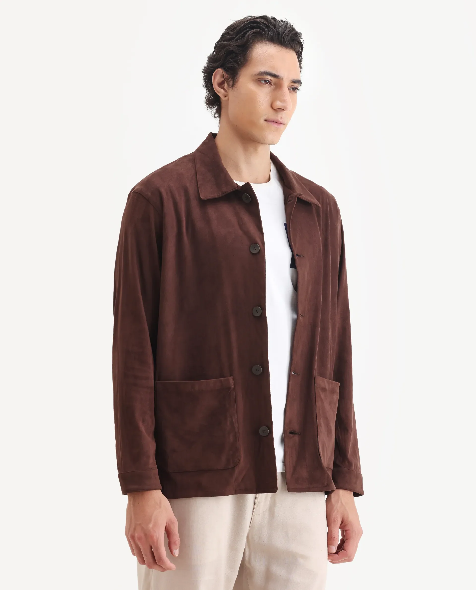 Rare Rabbit Men's Bran Brown Suede Blend Fabric Collared Neck Regular Fit Plain Jacket - Image 7