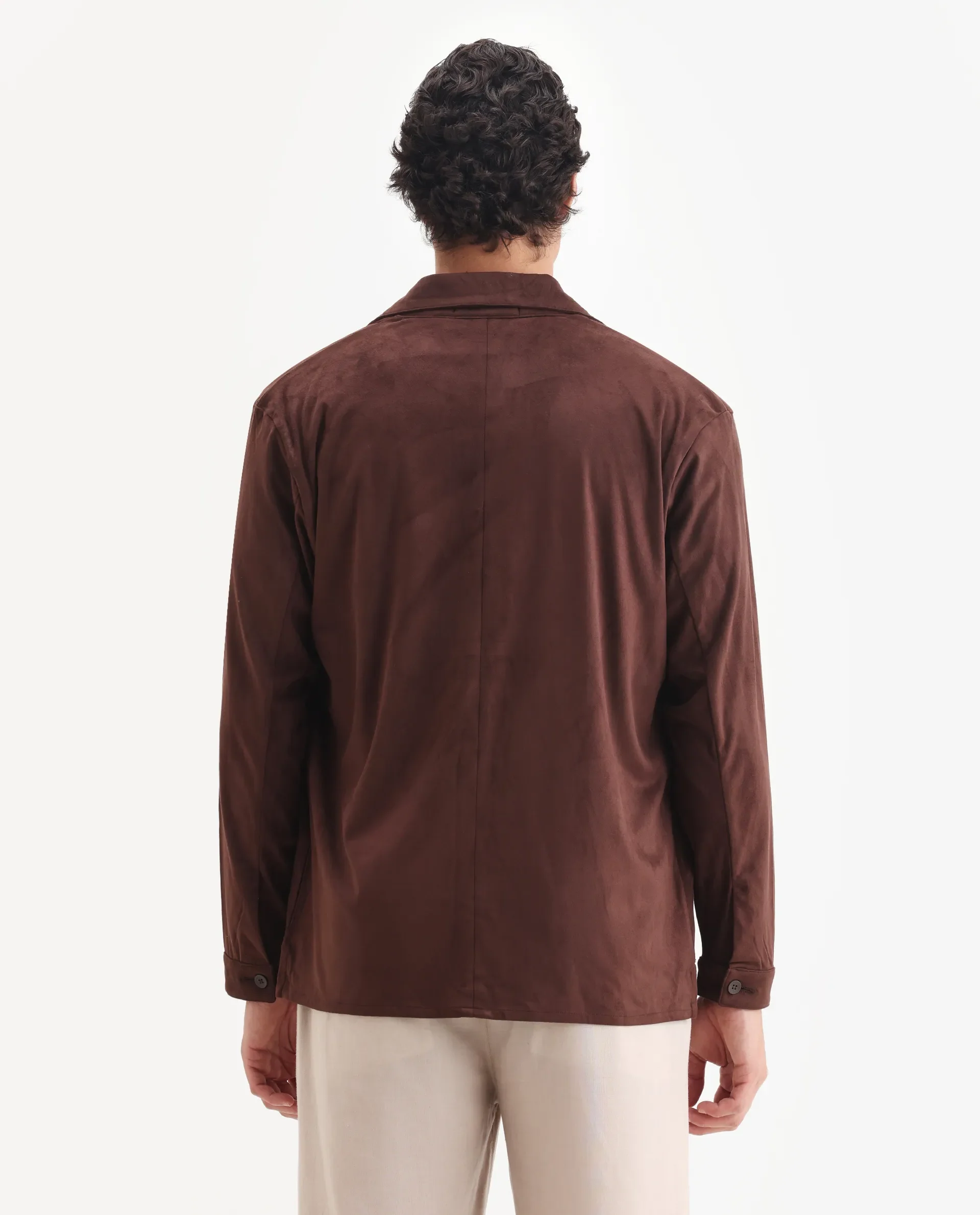Rare Rabbit Men's Bran Brown Suede Blend Fabric Collared Neck Regular Fit Plain Jacket - Image 8