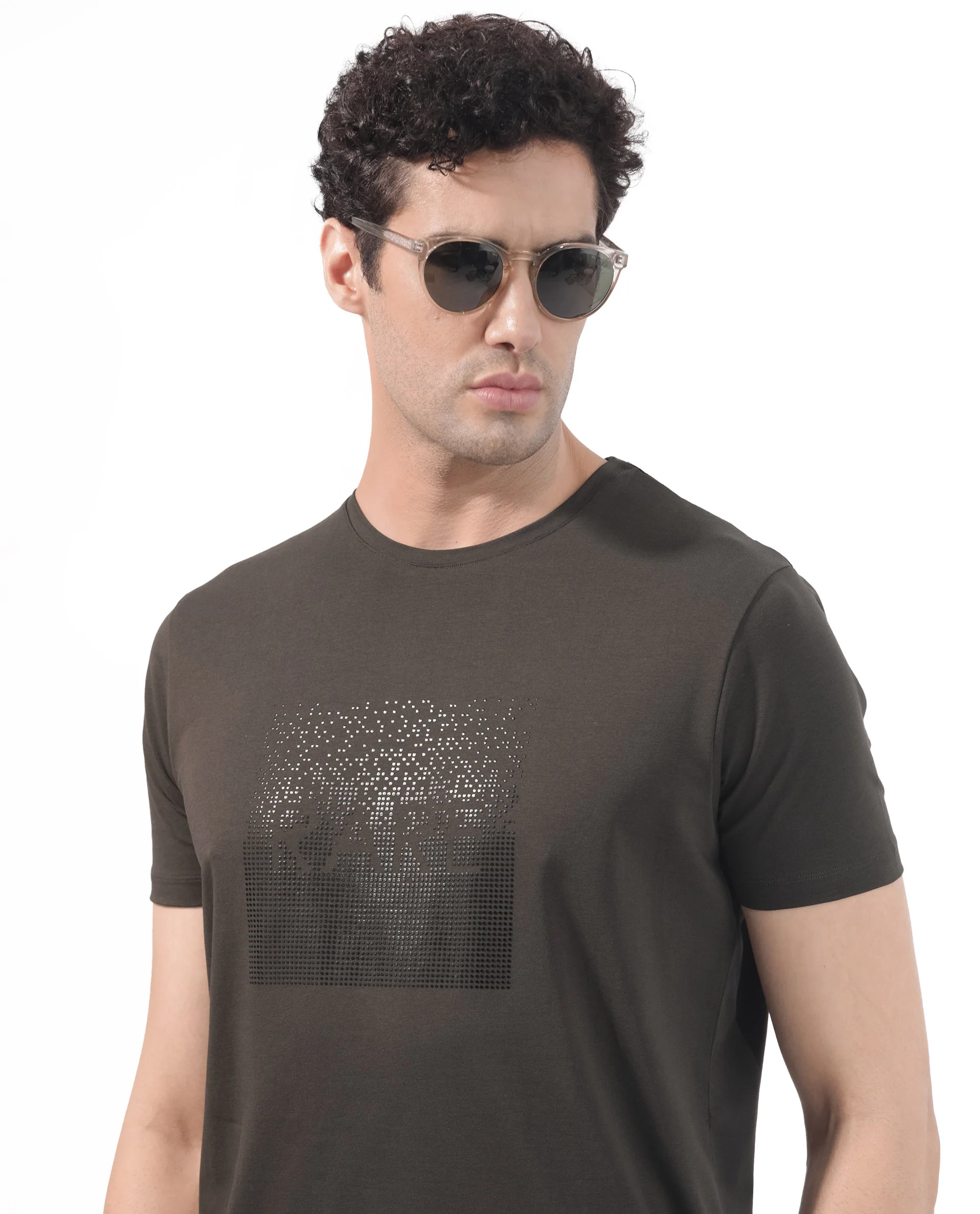 Rare Rabbit Men's Brandon Olive Cotton Blend Graphic Print Regular Fit Half Sleeve Crew Neck T-Shirt - Image 10