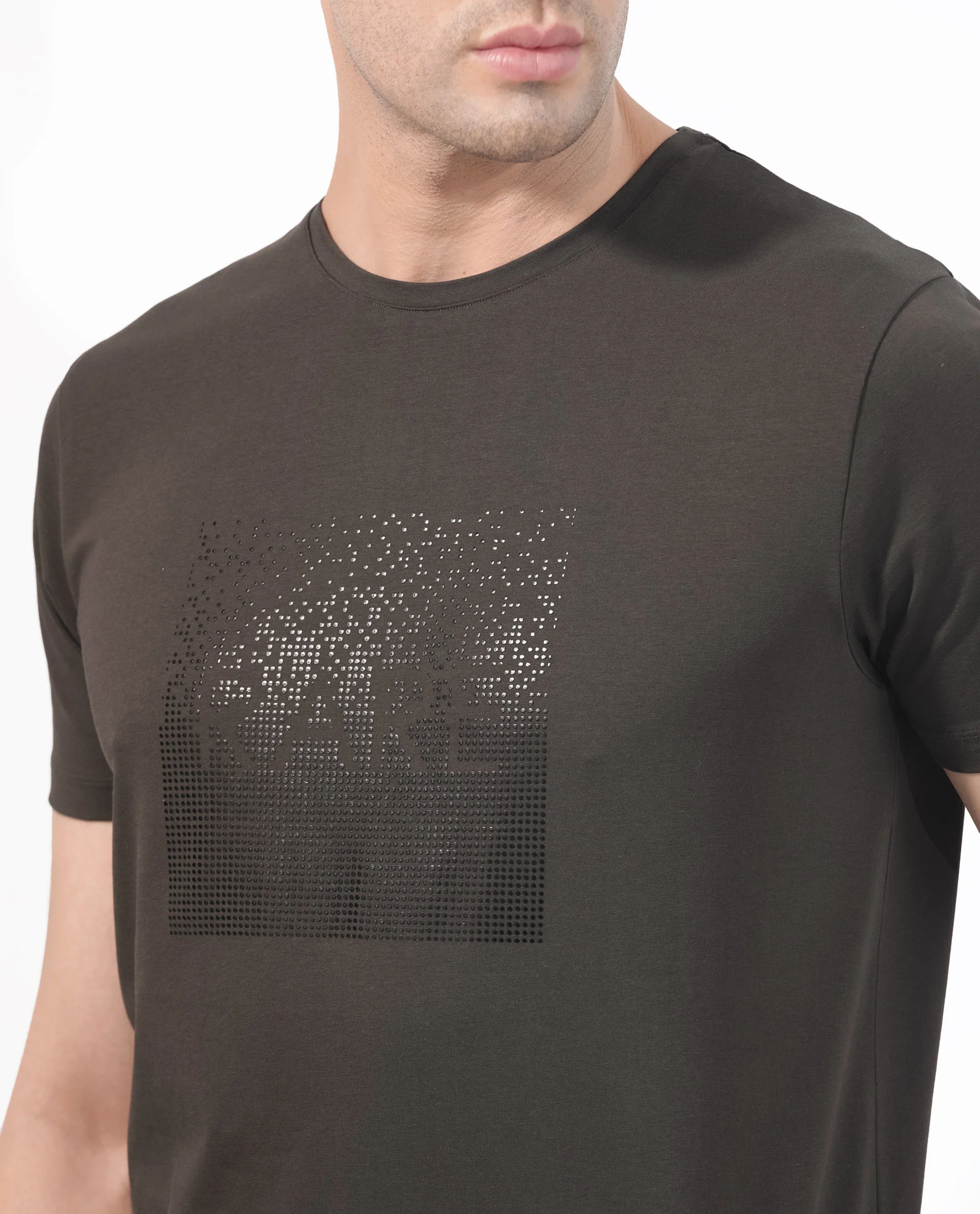 Rare Rabbit Men's Brandon Olive Cotton Blend Graphic Print Regular Fit Half Sleeve Crew Neck T-Shirt - Image 3
