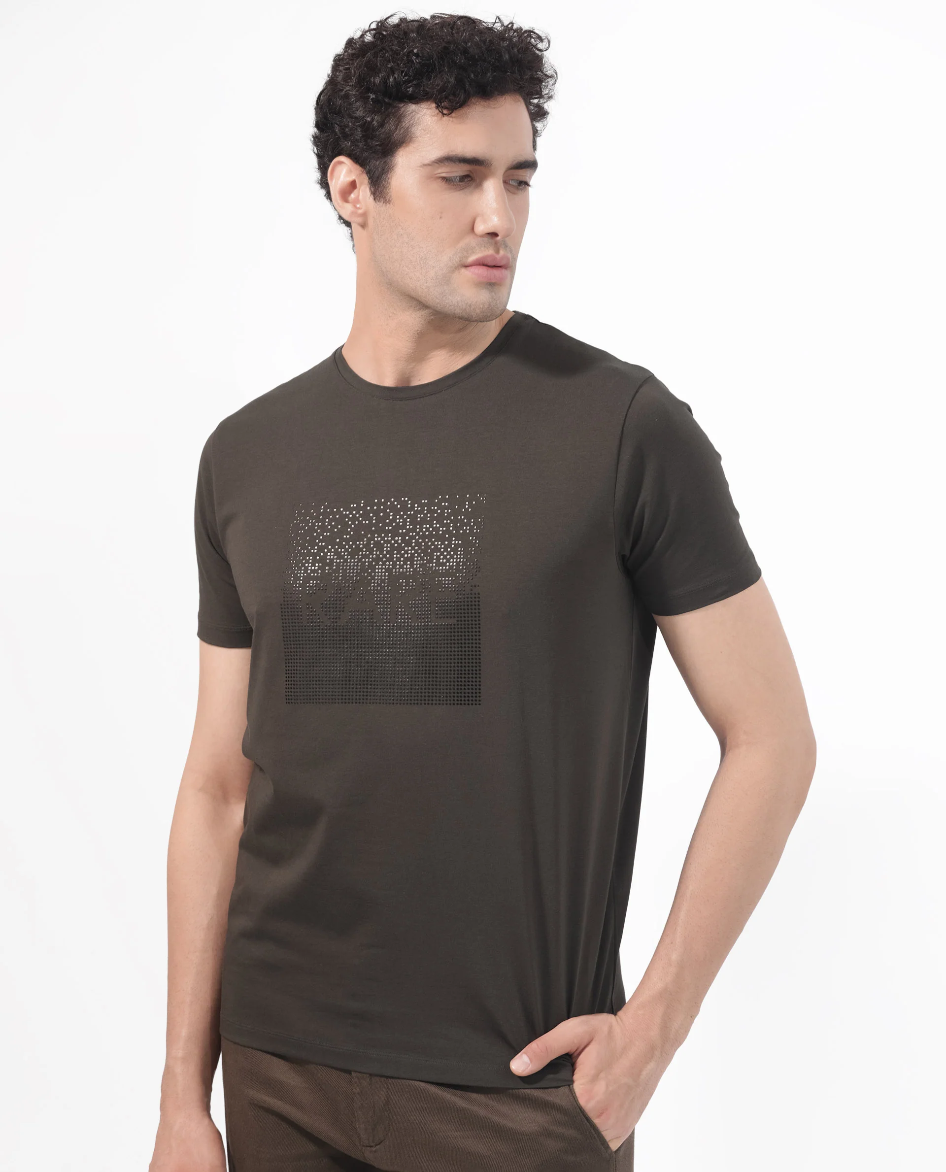 Rare Rabbit Men's Brandon Olive Cotton Blend Graphic Print Regular Fit Half Sleeve Crew Neck T-Shirt - Image 4