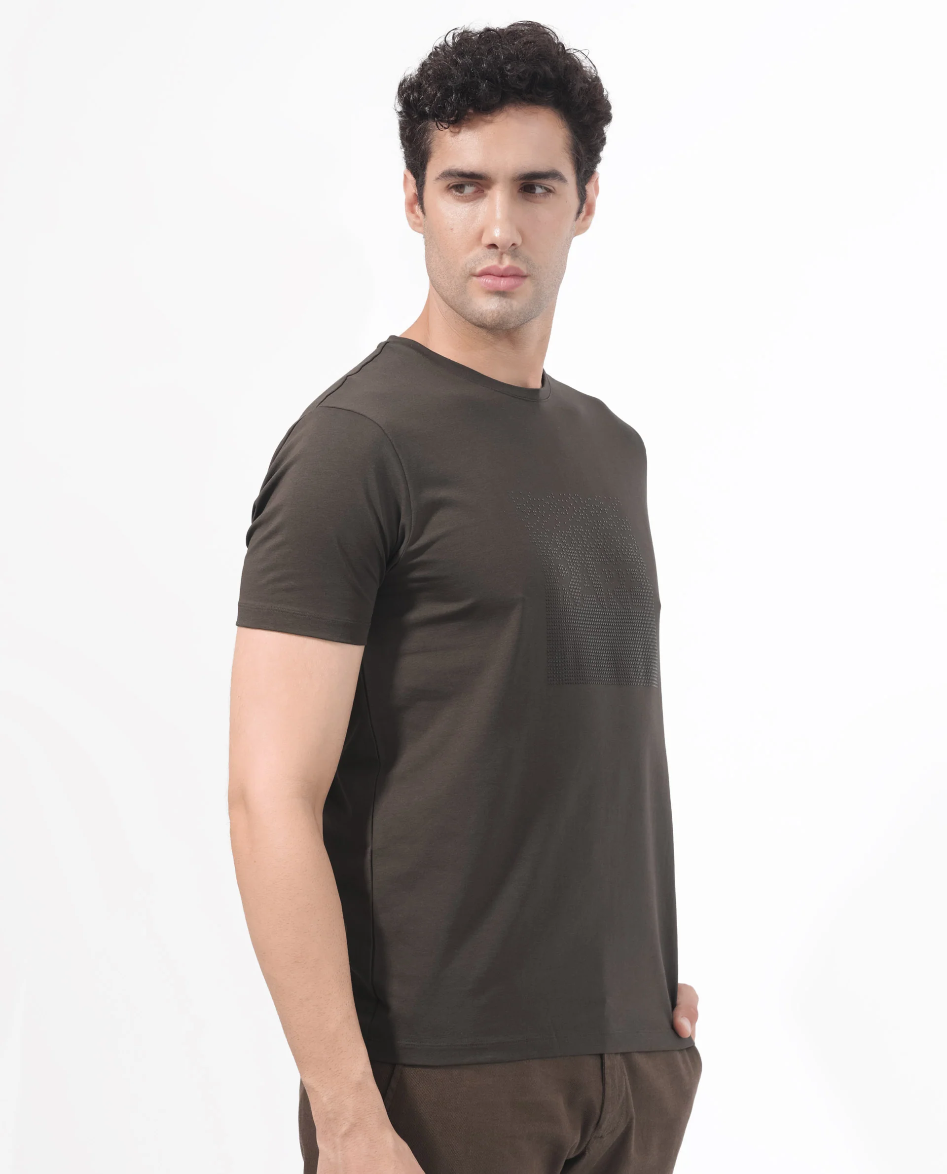 Rare Rabbit Men's Brandon Olive Cotton Blend Graphic Print Regular Fit Half Sleeve Crew Neck T-Shirt - Image 5