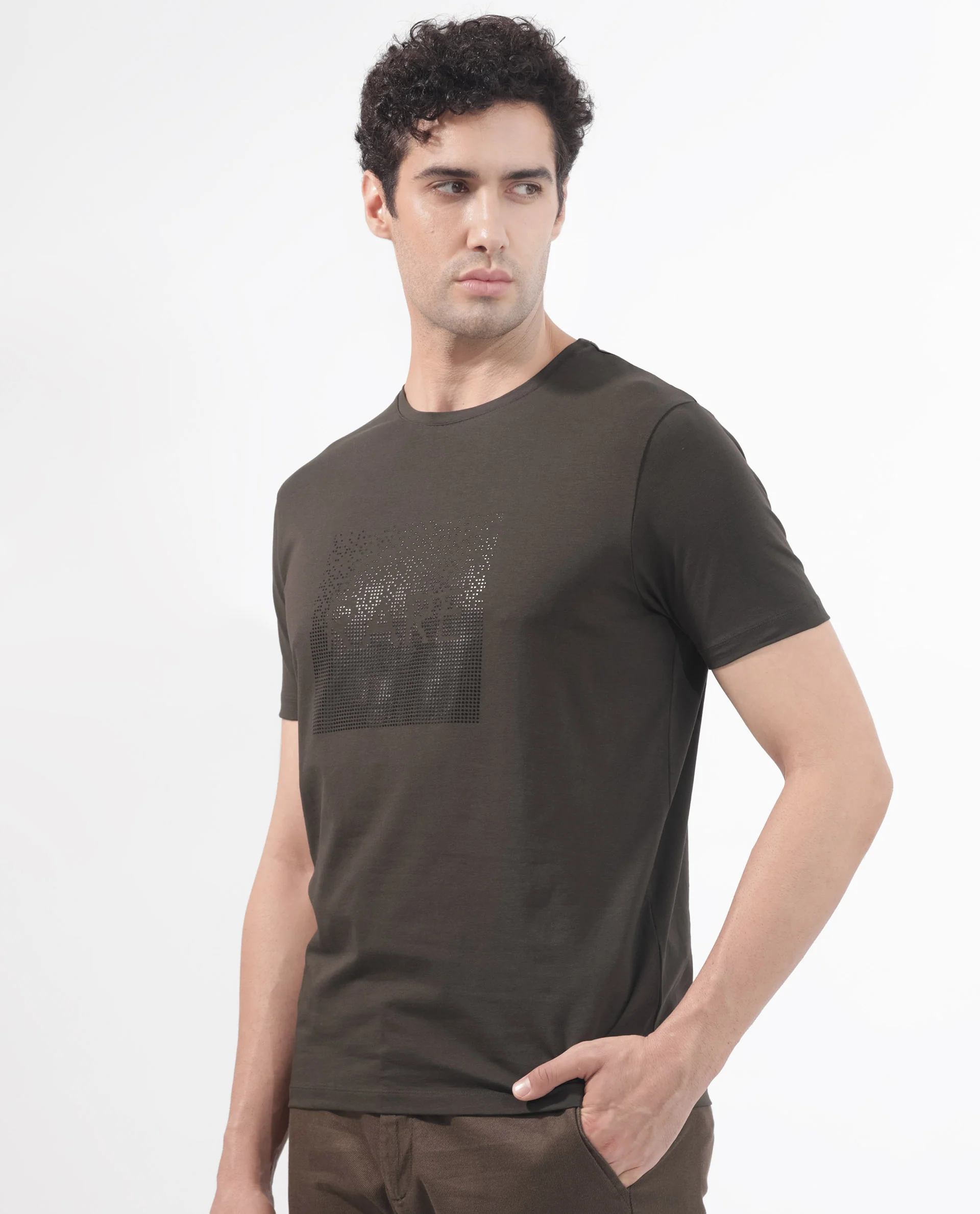 Rare Rabbit Men's Brandon Olive Cotton Blend Graphic Print Regular Fit Half Sleeve Crew Neck T-Shirt - Image 6