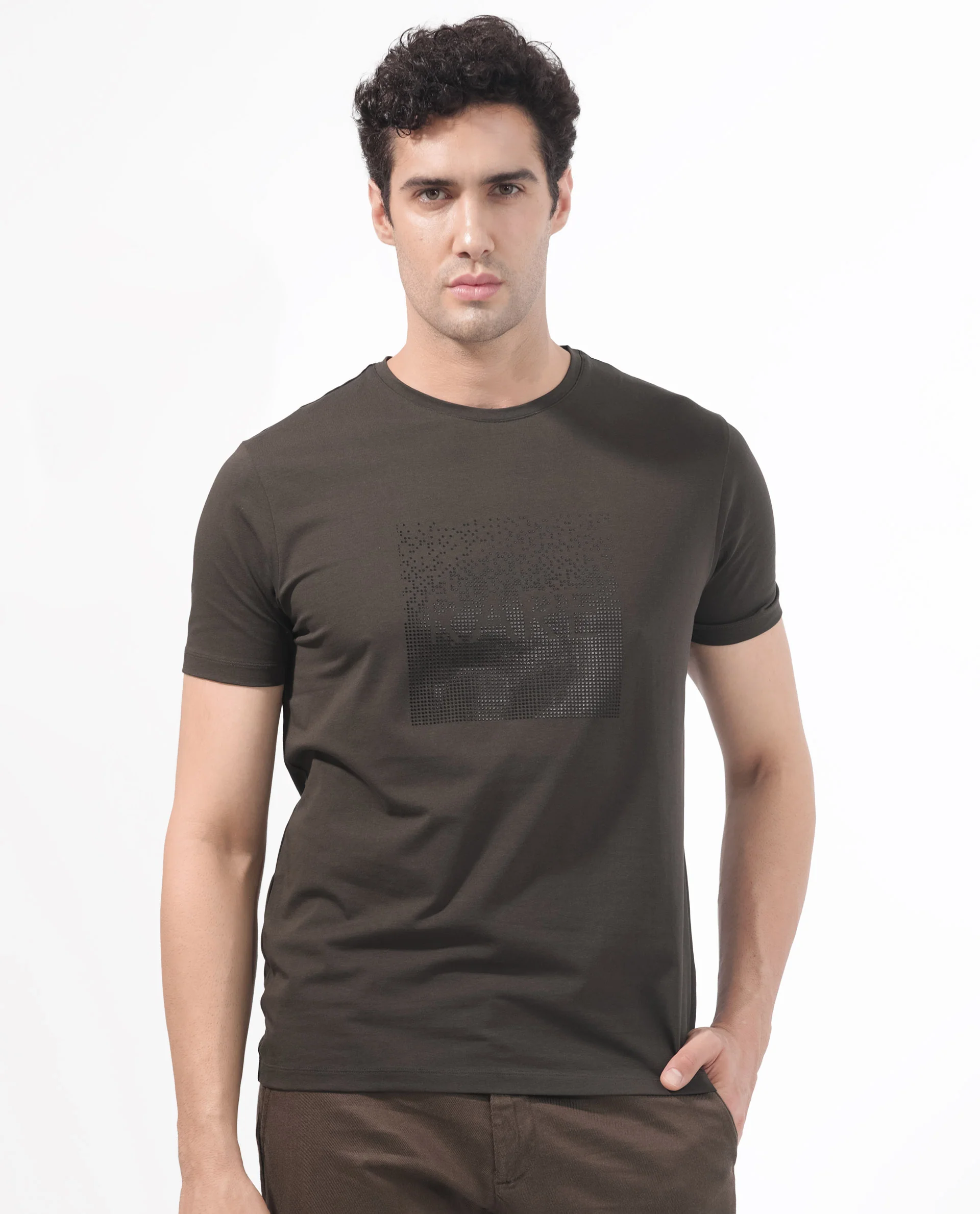 Rare Rabbit Men's Brandon Olive Cotton Blend Graphic Print Regular Fit Half Sleeve Crew Neck T-Shirt - Image 8