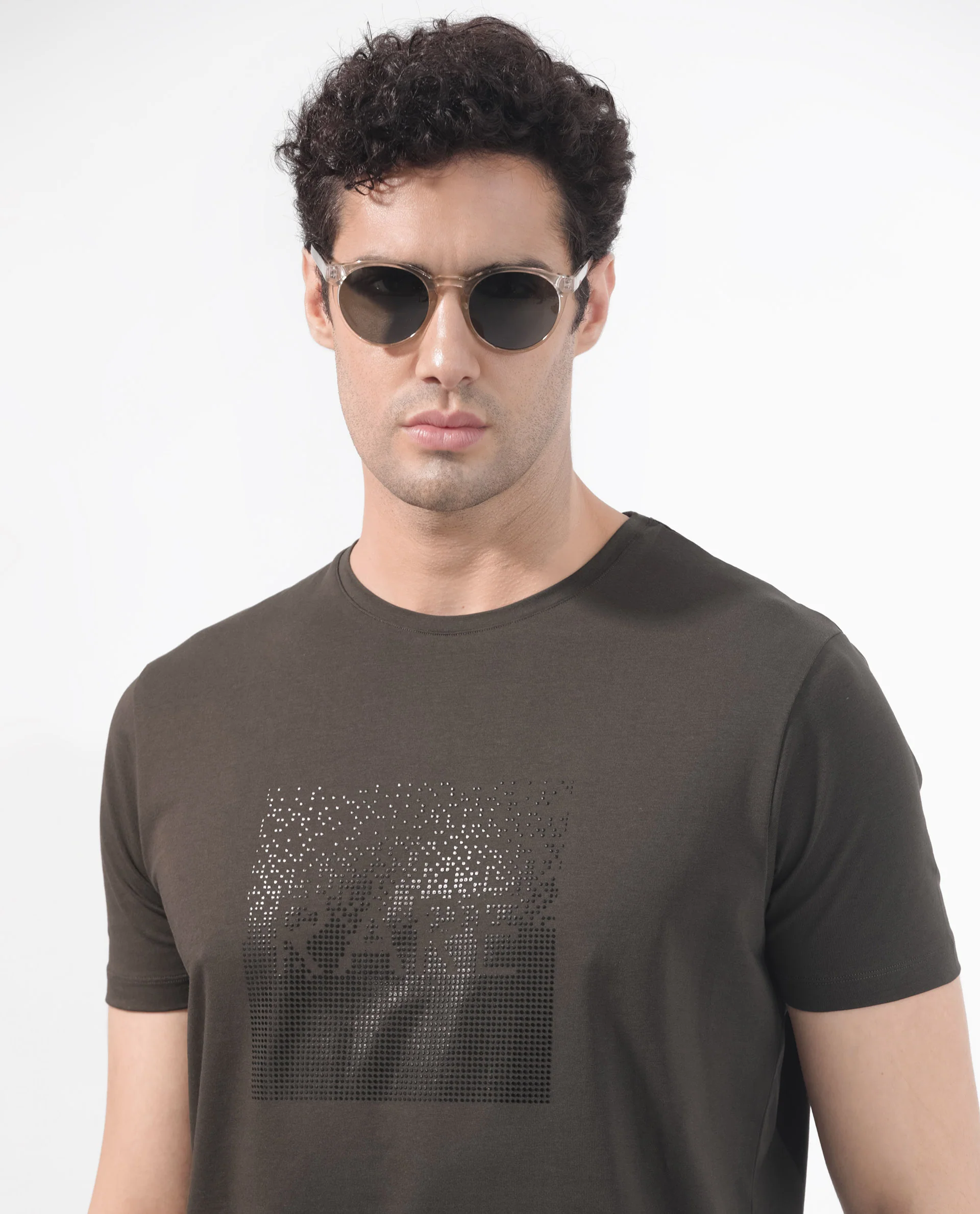 Rare Rabbit Men's Brandon Olive Cotton Blend Graphic Print Regular Fit Half Sleeve Crew Neck T-Shirt - Image 9