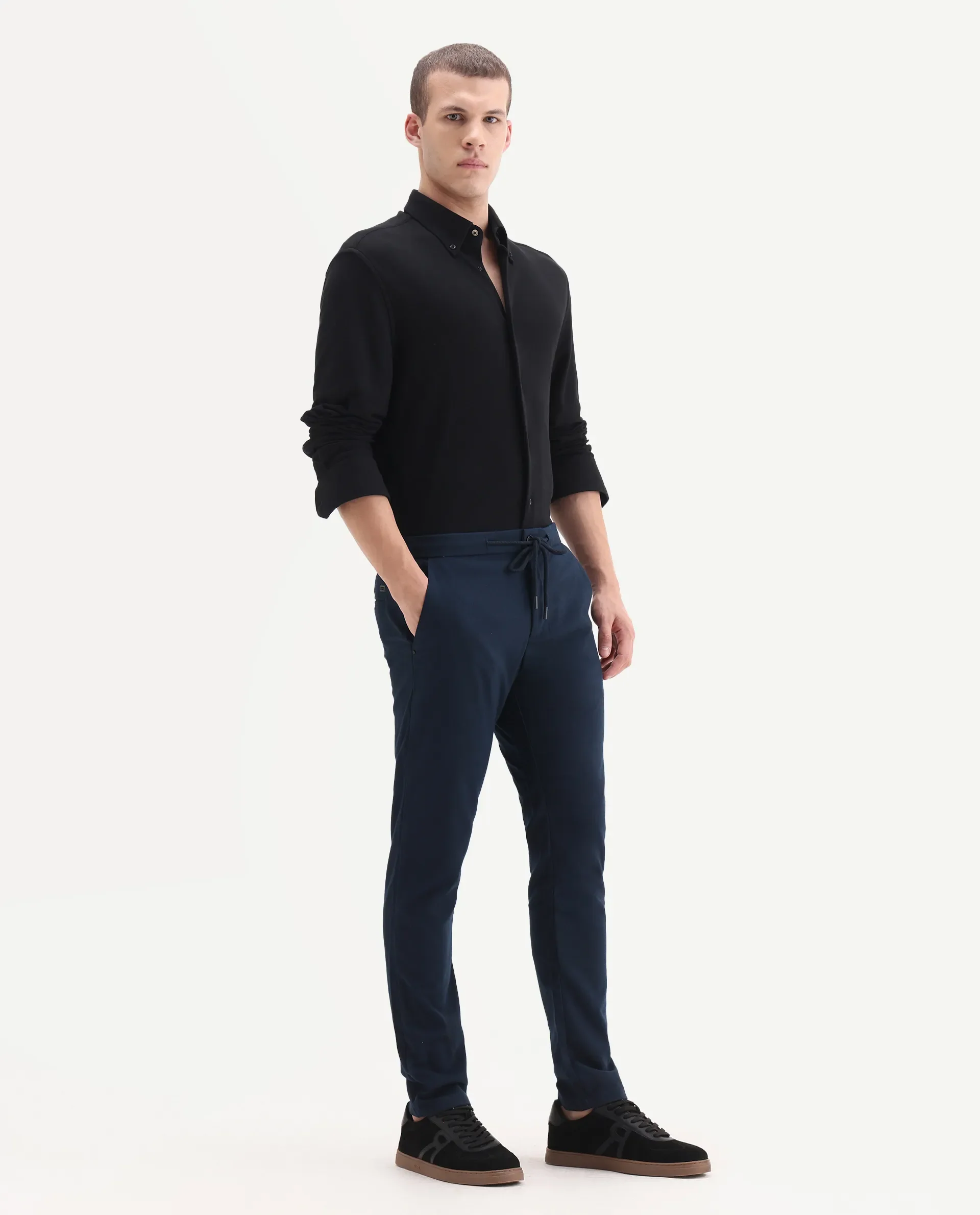 Rare Rabbit Men's Brando Navy Plain Regular Fit Trouser - Image 4