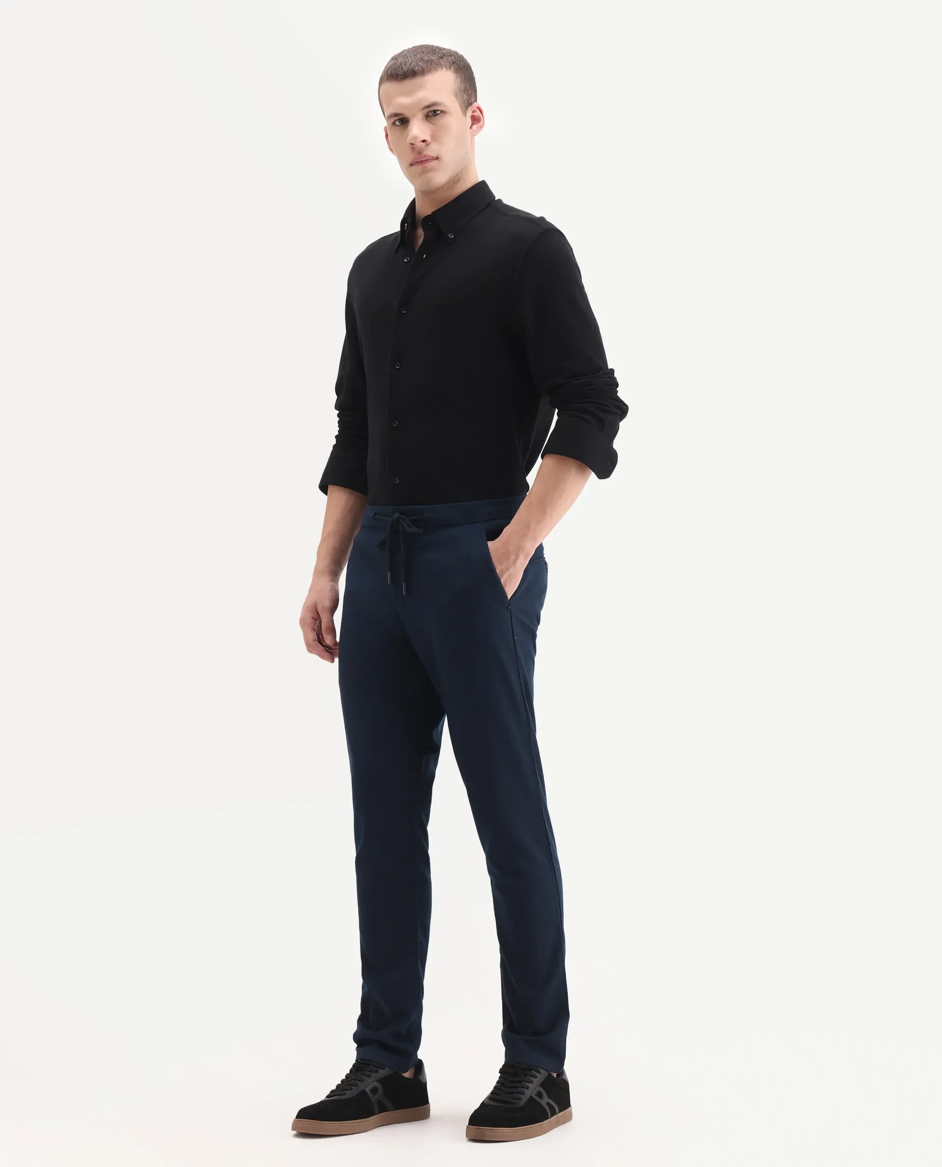 Rare Rabbit Men's Brando Navy Plain Regular Fit Trouser - Image 7