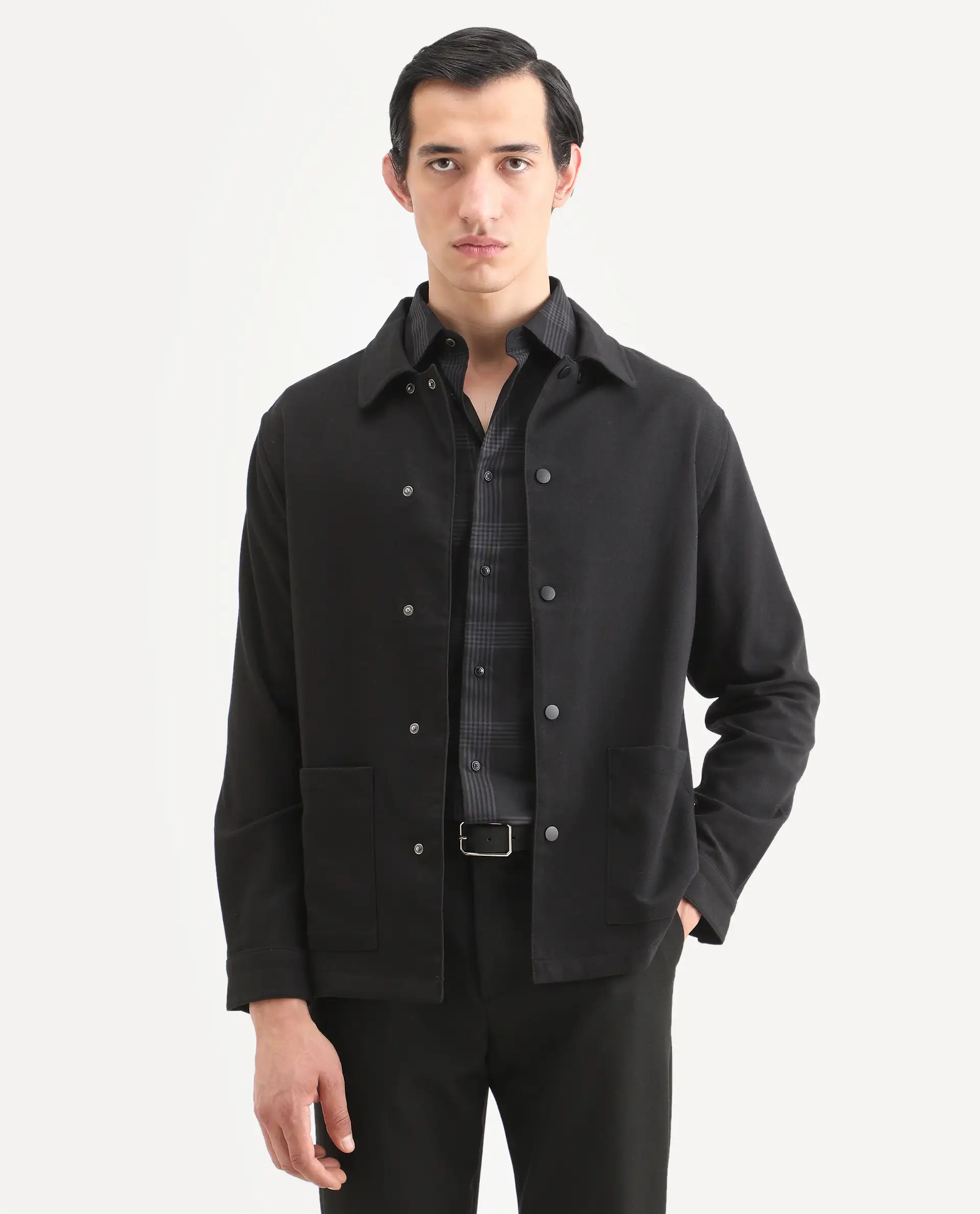 Rare Rabbit Men's Brant Black Rayon Plain Relaxed Fit Full Sleeve Collared Shacket - Image 3