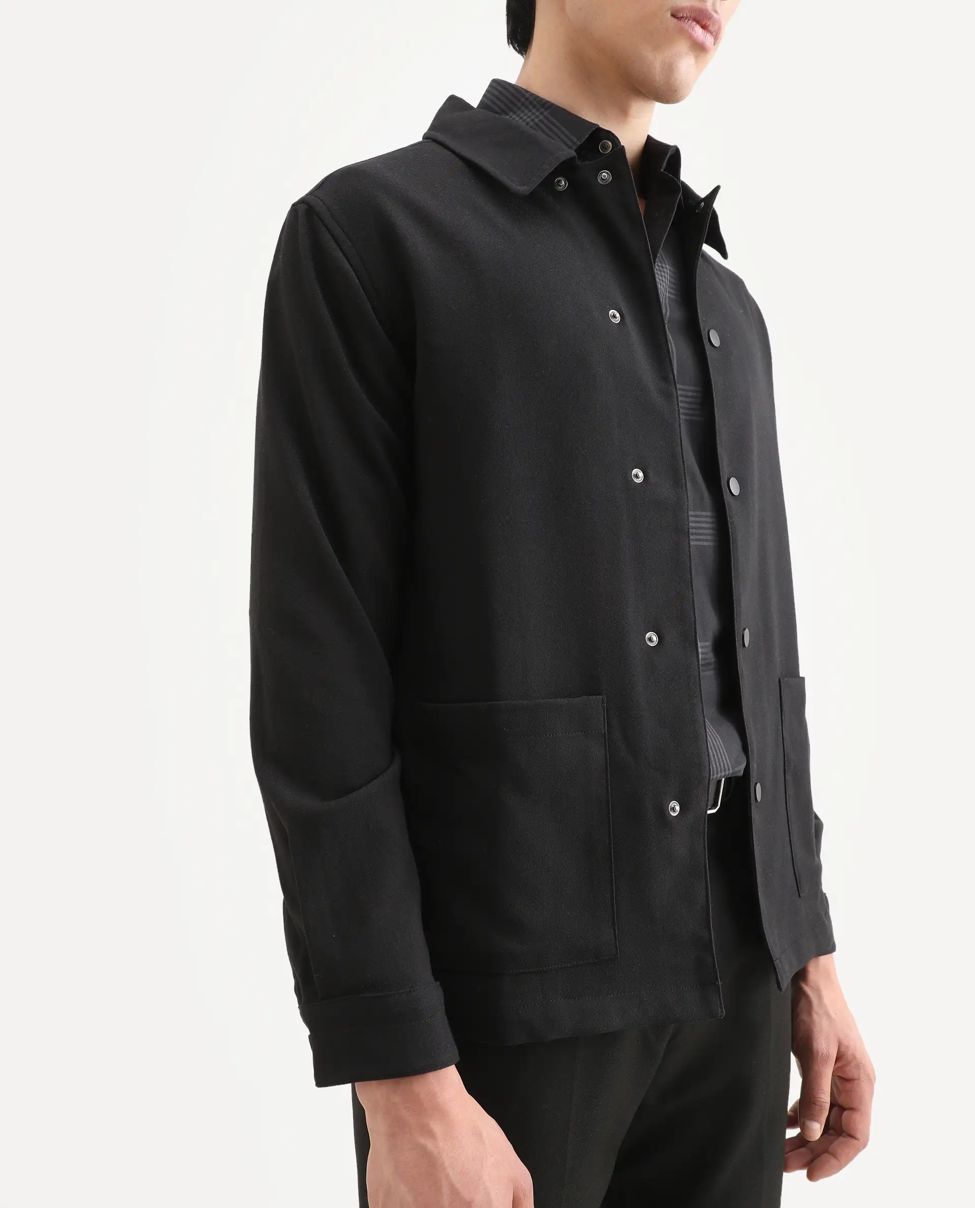 Rare Rabbit Men's Brant Black Rayon Plain Relaxed Fit Full Sleeve Collared Shacket - Image 4