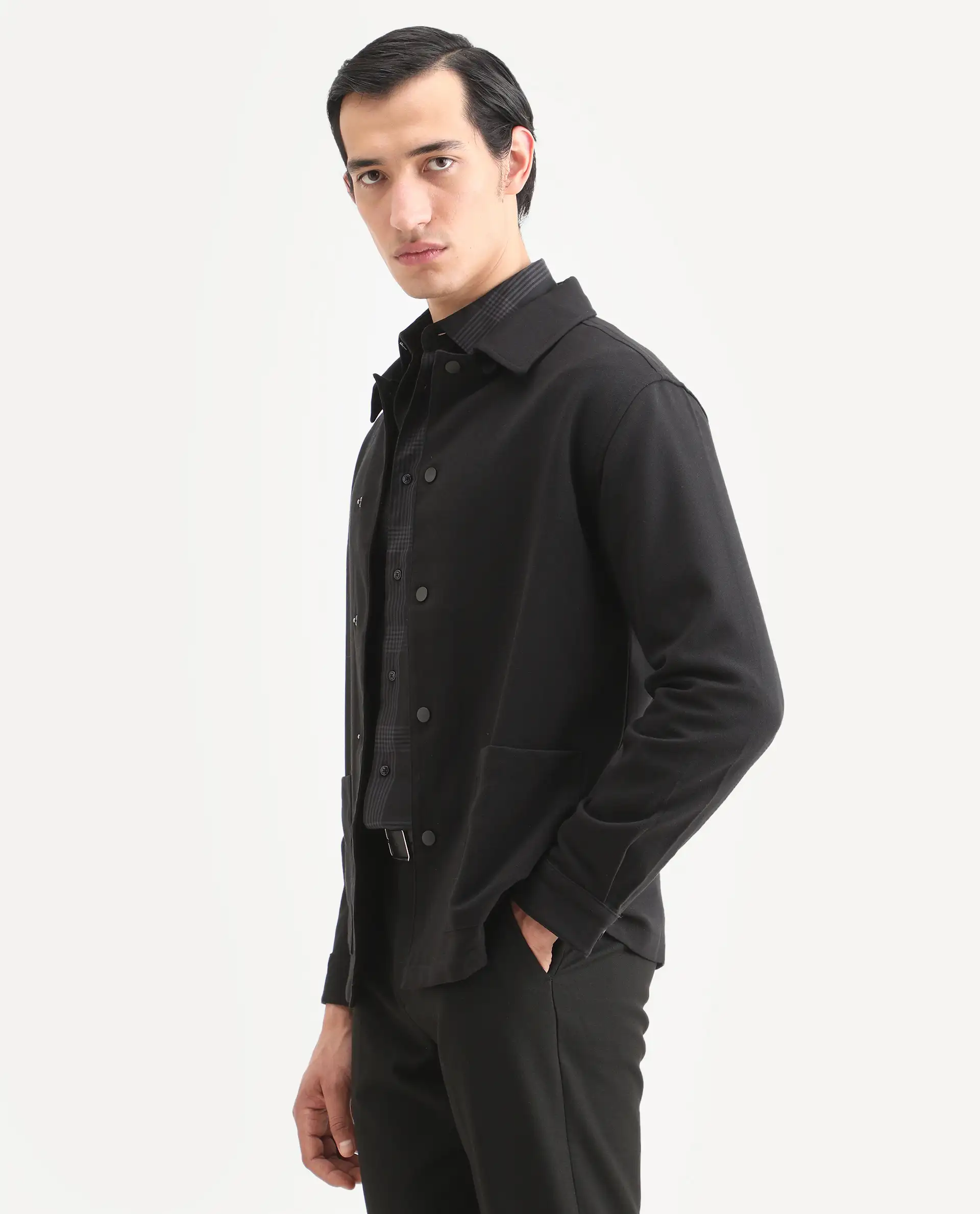 Rare Rabbit Men's Brant Black Rayon Plain Relaxed Fit Full Sleeve Collared Shacket - Image 5