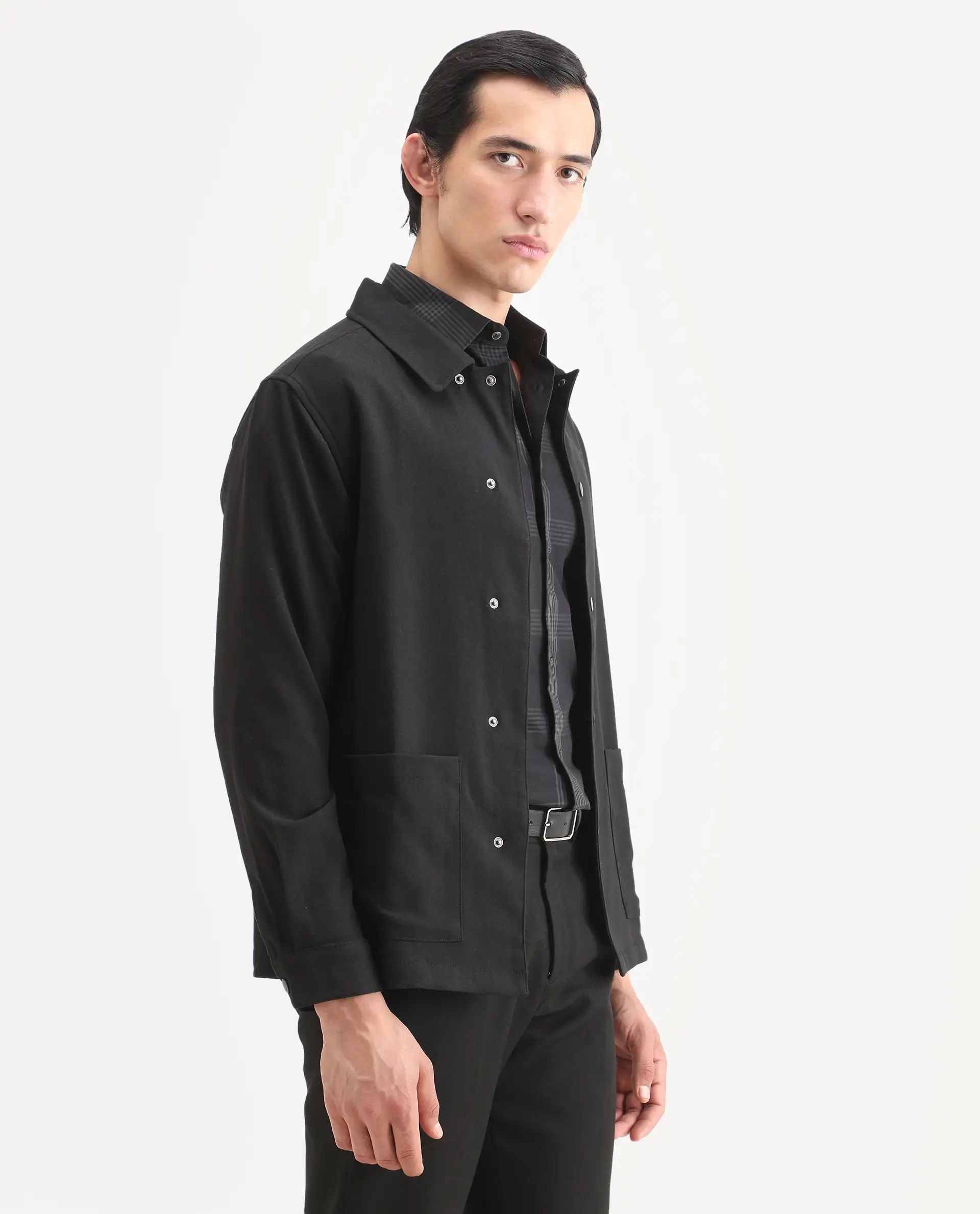 Rare Rabbit Men's Brant Black Rayon Plain Relaxed Fit Full Sleeve Collared Shacket - Image 6