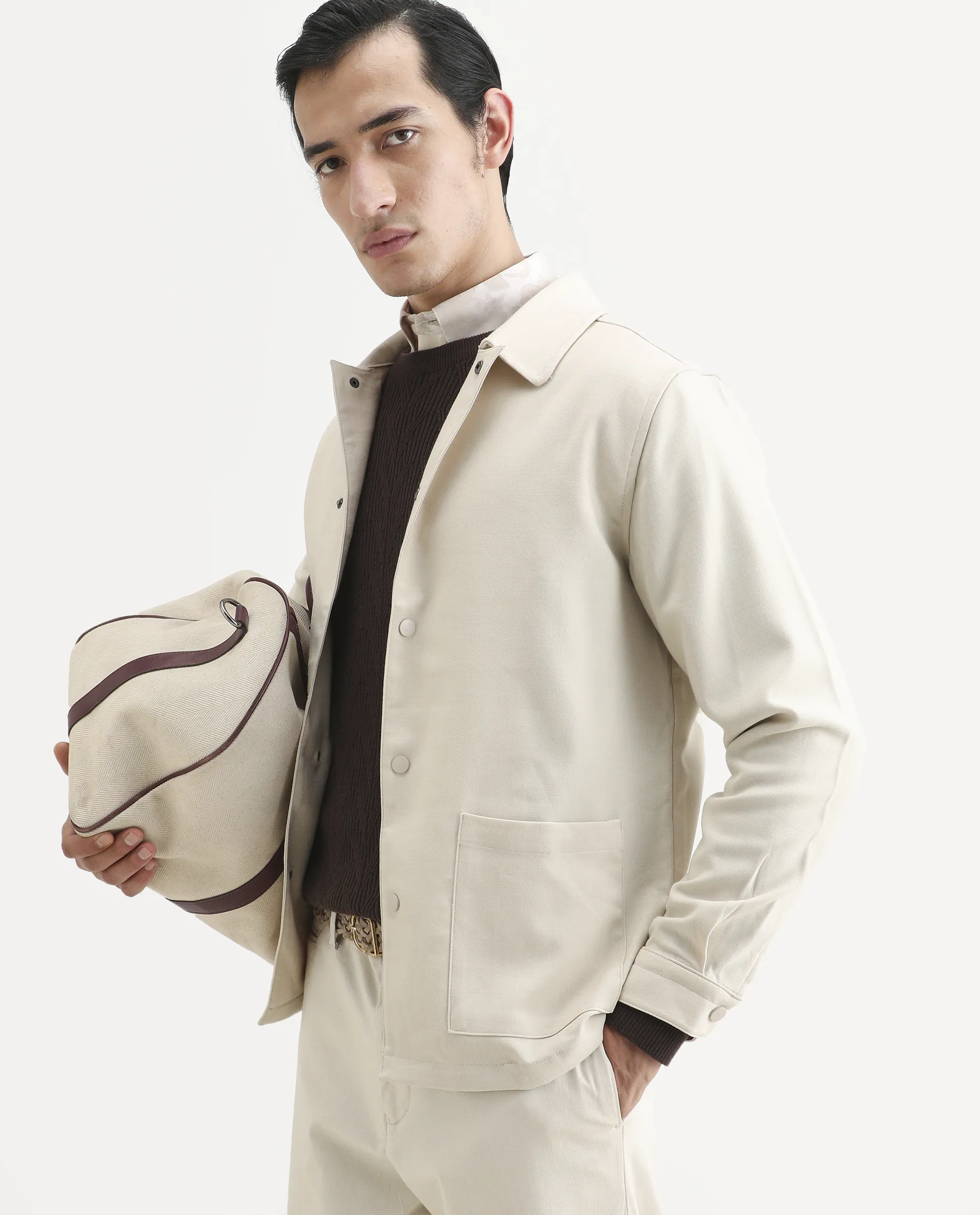 Rare Rabbit Men's Brant Off White Rayon Plain Relaxed Fit Full Sleeve Collared Shacket
