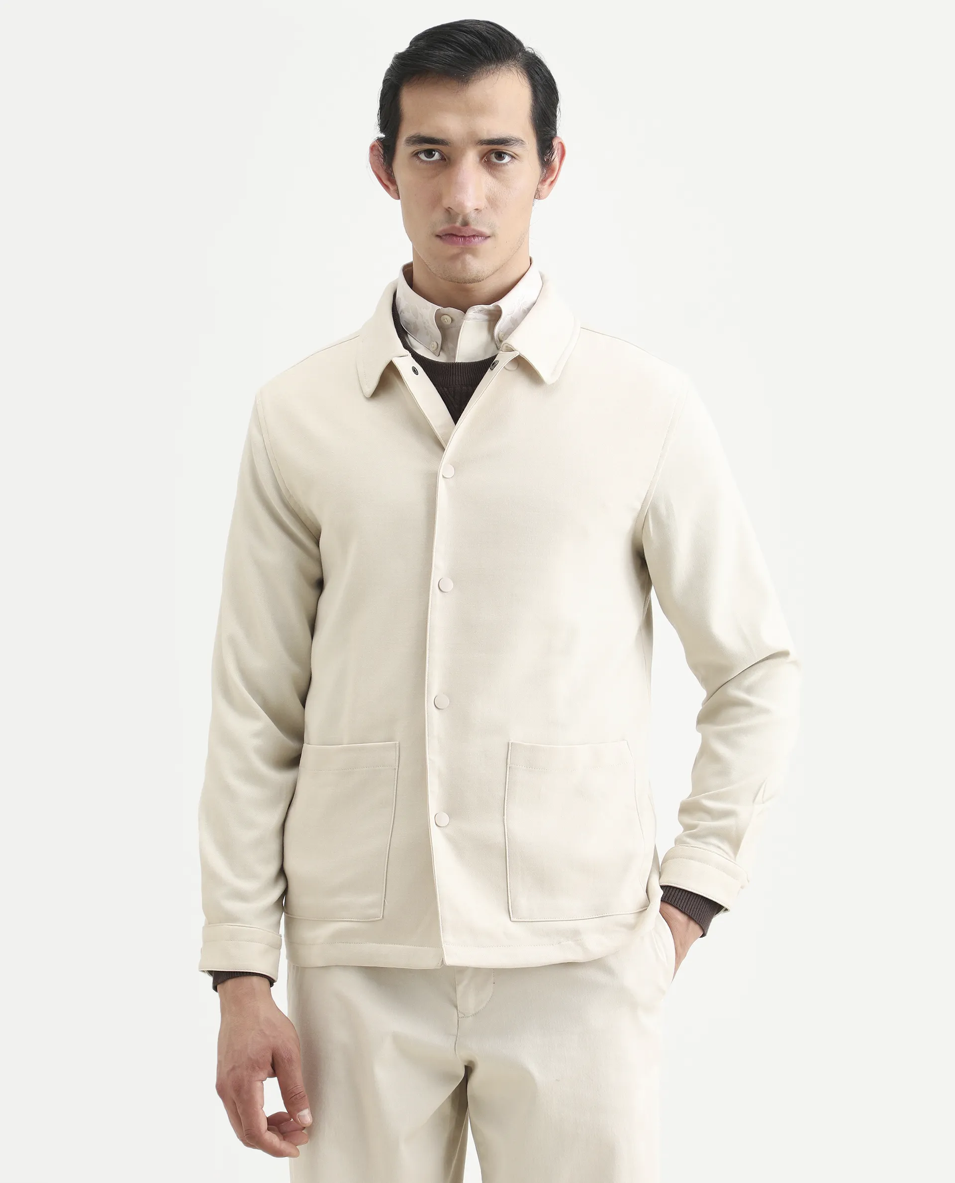 Rare Rabbit Men's Brant Off White Rayon Plain Relaxed Fit Full Sleeve Collared Shacket - Image 3