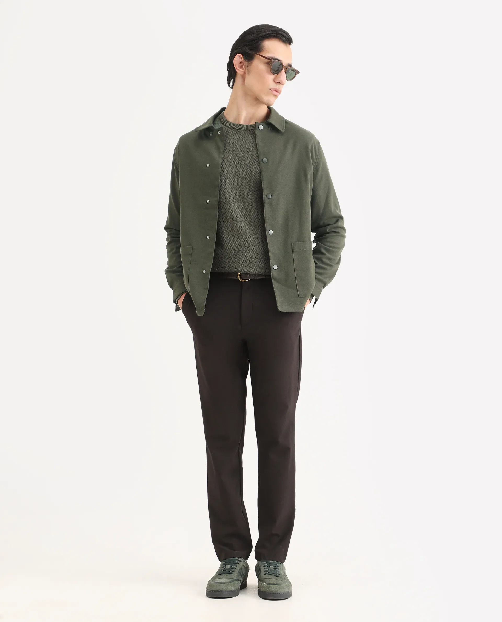 Rare Rabbit Men's Brant Olive Rayon Plain Relaxed Fit Full Sleeve Collared Shacket - Image 2
