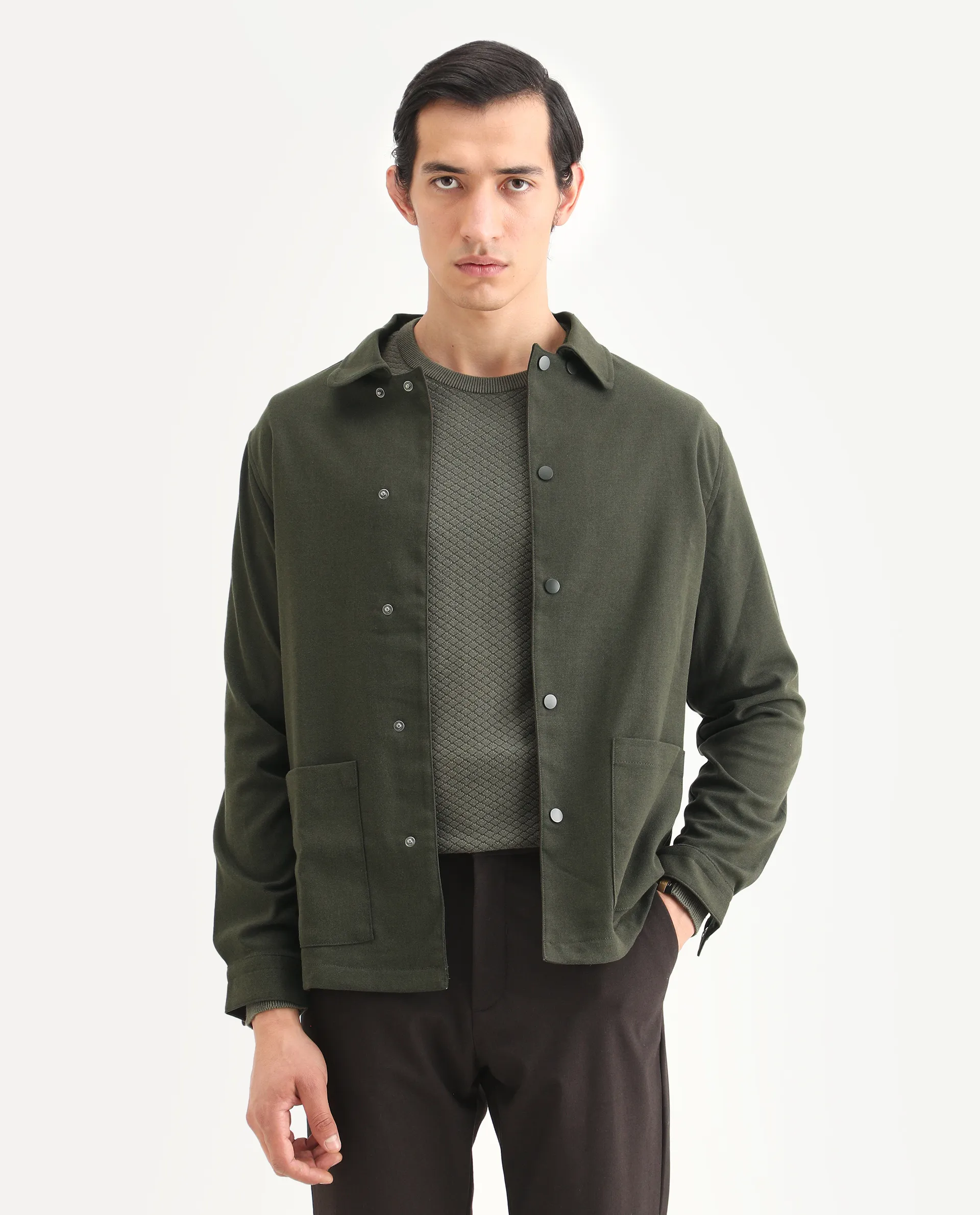 Rare Rabbit Men's Brant Olive Rayon Plain Relaxed Fit Full Sleeve Collared Shacket - Image 3