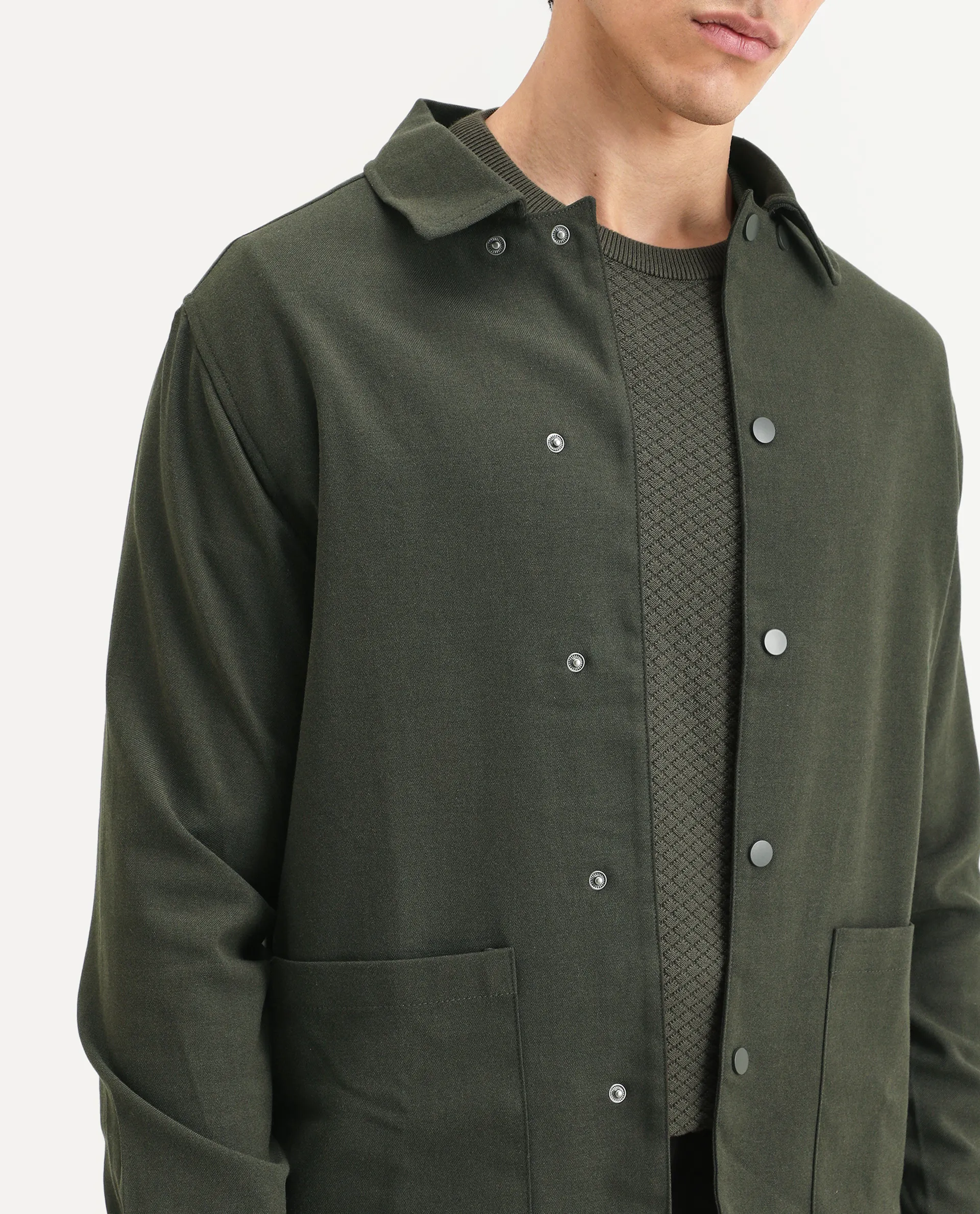 Rare Rabbit Men's Brant Olive Rayon Plain Relaxed Fit Full Sleeve Collared Shacket - Image 4